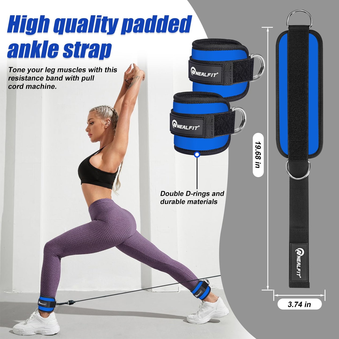 NEALFIT Ankle Strap for Cable Machine, Gym Ankle Cuff for Kickbacks, Leg Extensions, Glute Workouts, Booty Hip Abductors Exercise for Women and Men (Pair, Sapphire Blue)