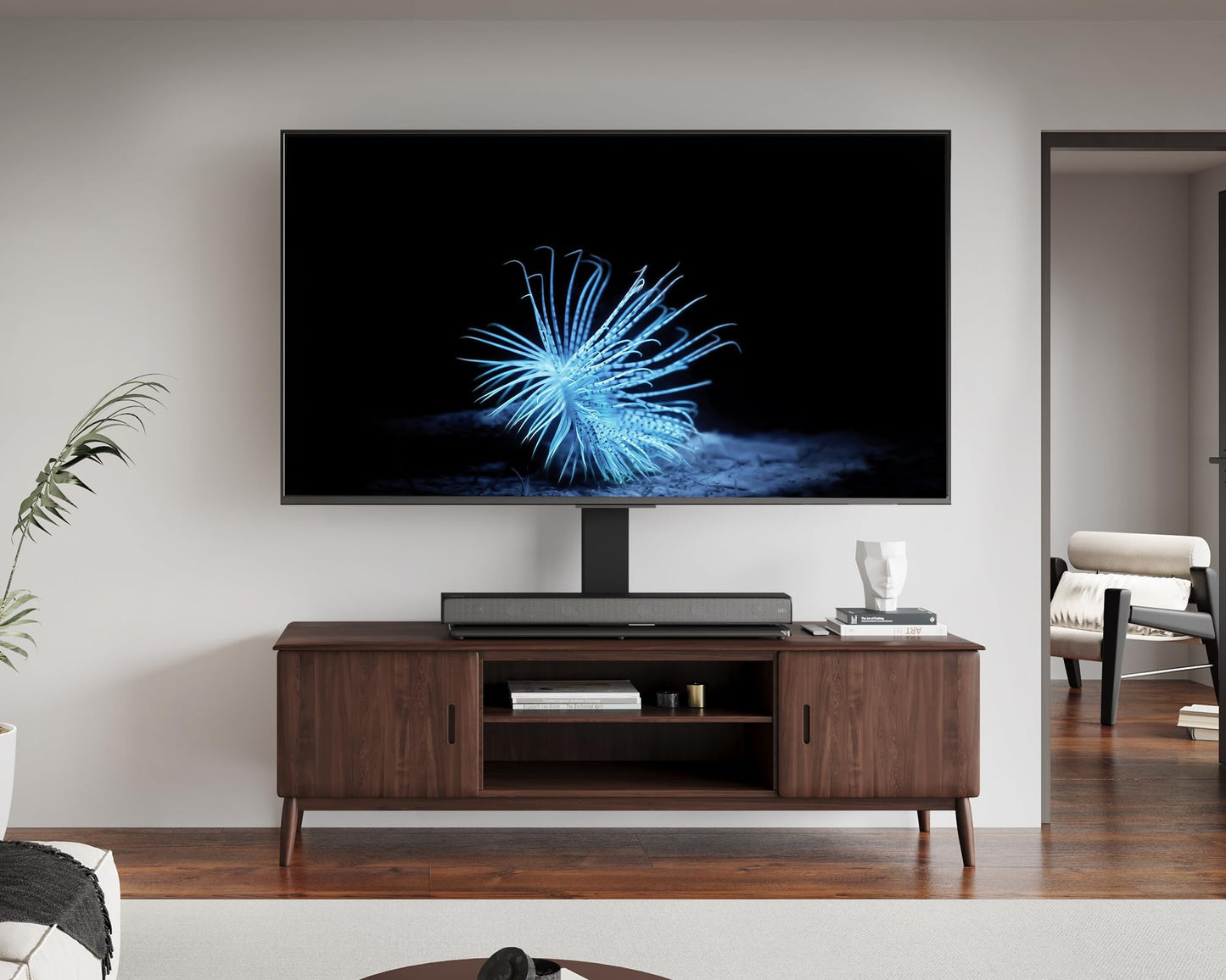 FITUEYES Universal TV Stand with Swivel Mount for 50-85 inch Flat Screens - Height Adjustable Tempered Glass Base Holds up to 143 lbs