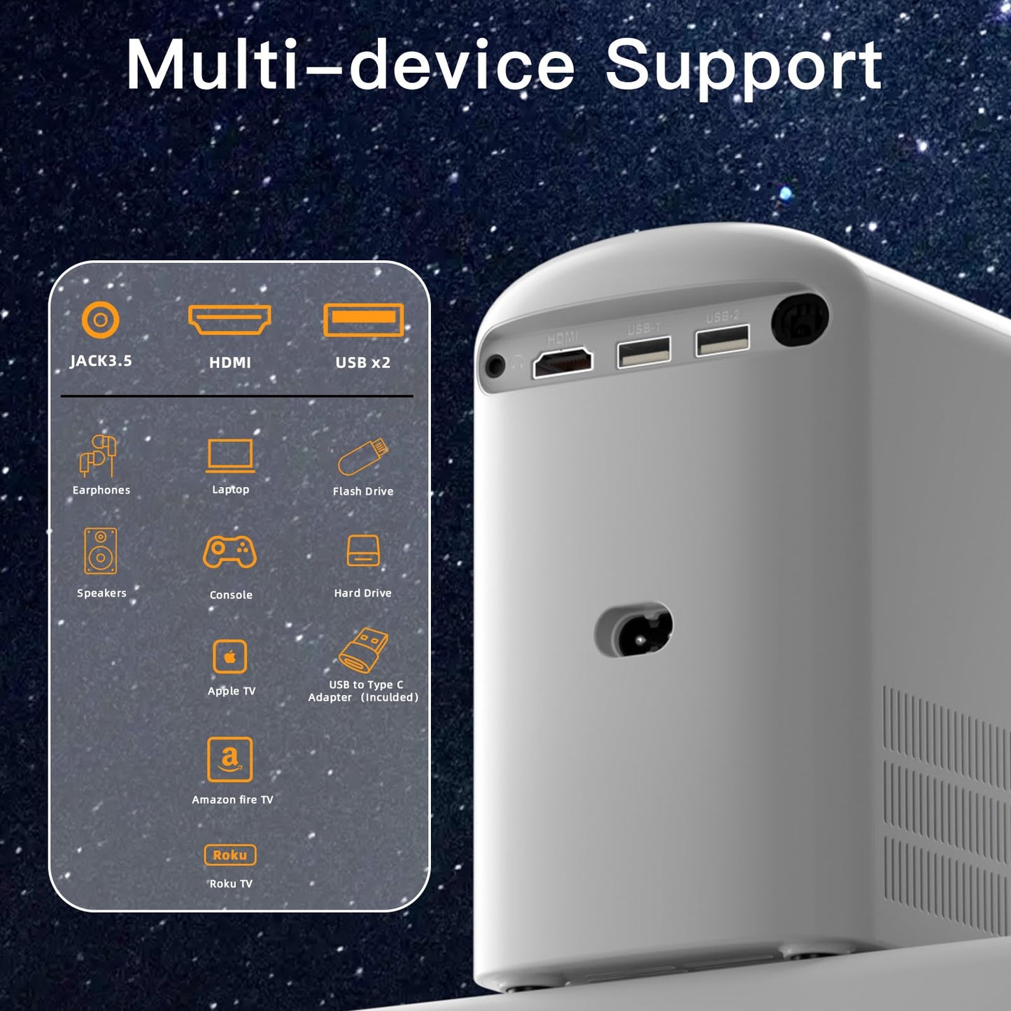 [Electric Focus] SCREENMAX C7 Mini Projector with WiFi and Bluetooth, 280 ANSI Lumens, 1080P Supported, Portable Movie Cinema for Outdoor & Indoor Use, 32''-150'' Display