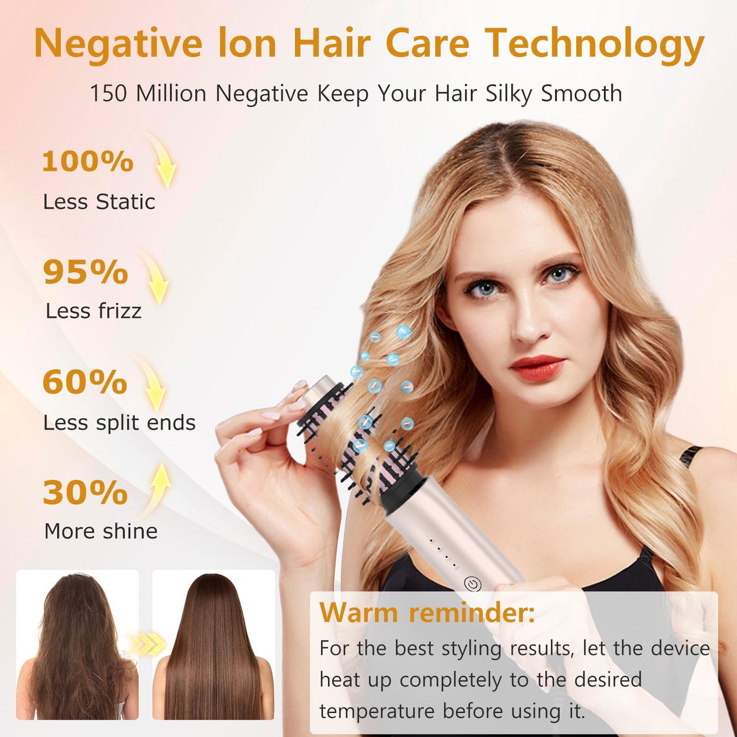 Cordless Curling Iron Rechargeable, Portable Travel Curling Iron Brush, 3-in-1 Hair Straightener Brush, Heated Round Curling Wand, 4 Temperature 7000mah Hair Curler Tool for Women - Rose Gold