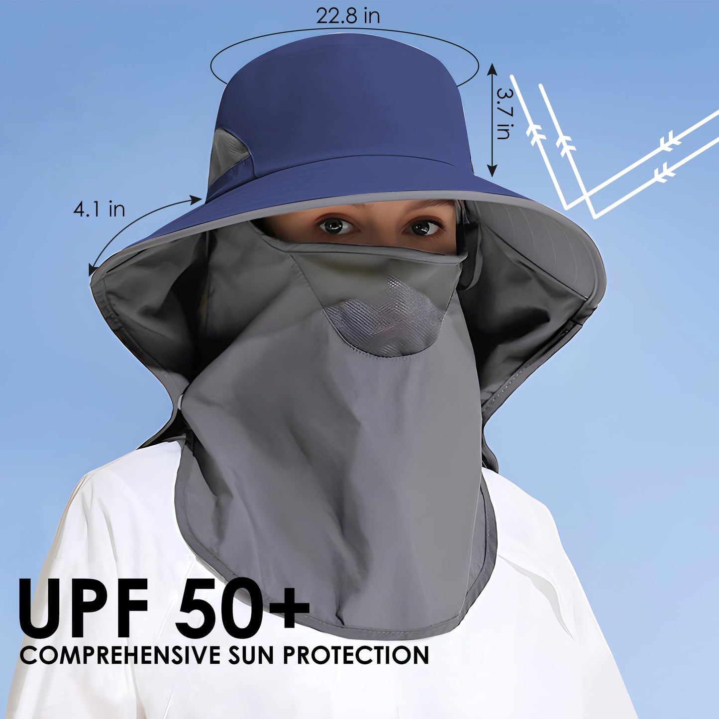 Outdoor Sun Hat Detachable Neck Face Flap UPF 50+UV Protection Visor Fishing Hats with Neck Flap for Men & Women Navy