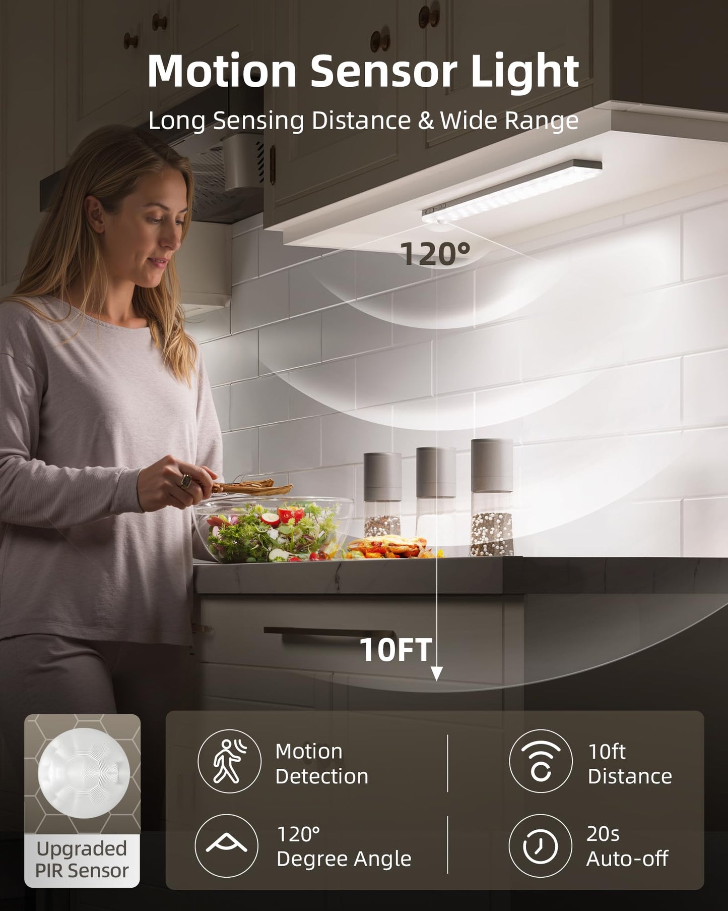 EZVALO 62 LEDs Under Cabinet Lighting, 2000mAh LED Closet Lights with Remote 3 Color Temps, Rechargeable Motion Sensor Lights Indoor Battery Operated, Wireless Under Counter Lights for Kitchen 3 Pack