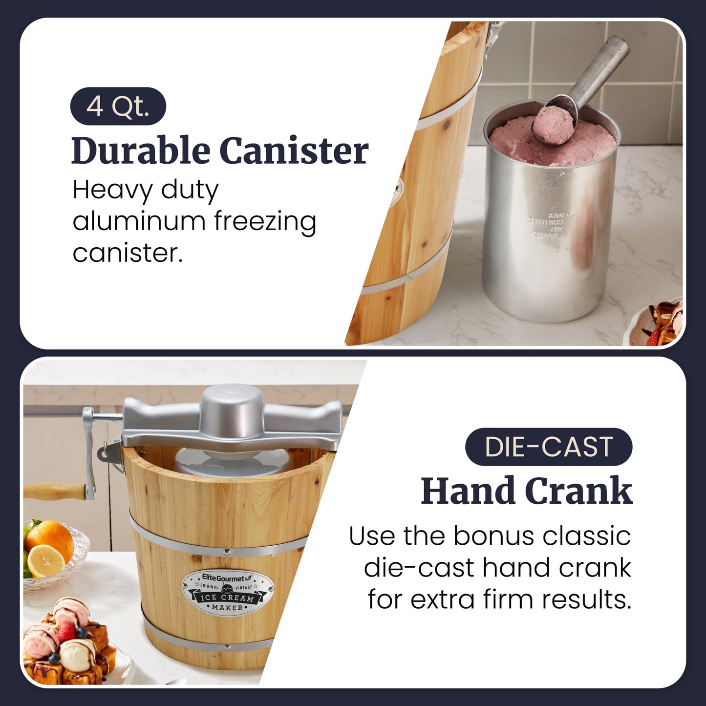 Elite Gourmet EIM402 Old Fashioned 4 Quart Vintage Wood Bucket Electric Ice Cream Maker Machine, Bonus Classic Die-Cast Hand Crank for Churning, Uses Ice and Rock Salt Churns Ice Cream in Minutes