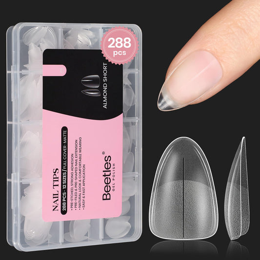 Beetles Short Almond Nail Tips - 288PCS 12 Sizes Full Matte Cover Pre-Shaped False Nails Soft Almond Nail Tips Acrylic Nail Tips Nail Extension Tips for Gel Polish Professional Salons DIY Manicure