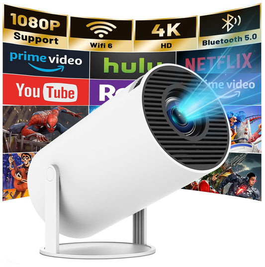Mini Projector with WIFI 6 and Bluetooth, Upgrade Style HY300PRO 4K 1080P Support Portable Projector, Built-in App, Android 11, Auto Keystone Correction, Video Projector for Laptop, PC, Smartphone
