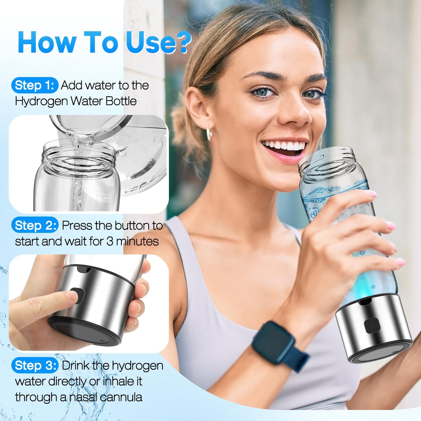 Hydrogen Water Bottle Generator – Produces Hydrogen Water Alternative to Hydrogen Water Tablets,3-Min Hydrogen Water, Inhalation & Drinking, Auto Clean, Slim & Portable for Travel, Gym, Office