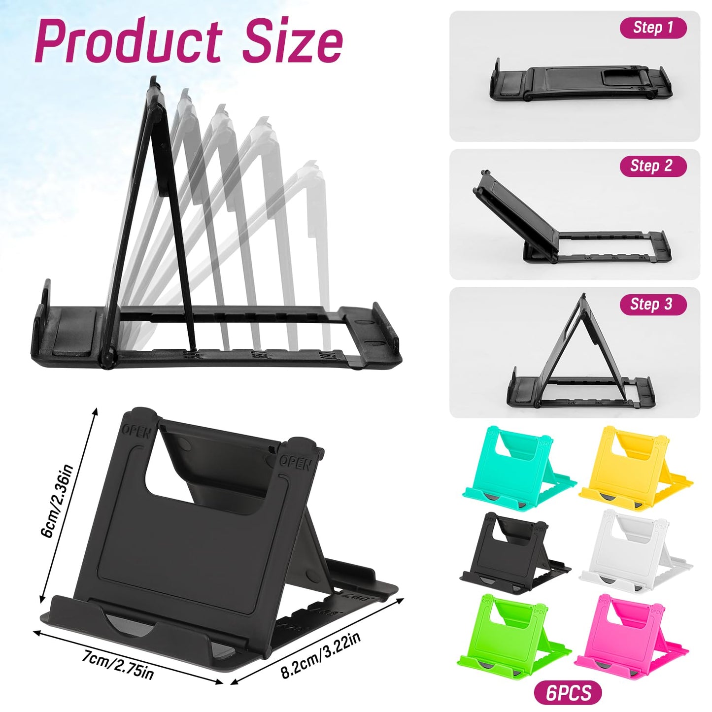 KALIONE 6 Pack Portable Cell Phone Stand Holder for Desk, Foldable Desktop Mobile Phone Kickstand Universal Desk Stand for All Mobile Smart Phone