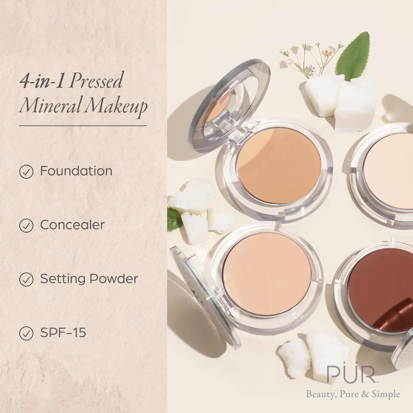 PUR Beauty 4-in-1 Pressed Mineral Makeup Powder Foundation with SPF 15 - Concealer & Finishing Compact Pressed Powder for Face - Buildable Medium to Full Coverage Foundation Powder (Beige)