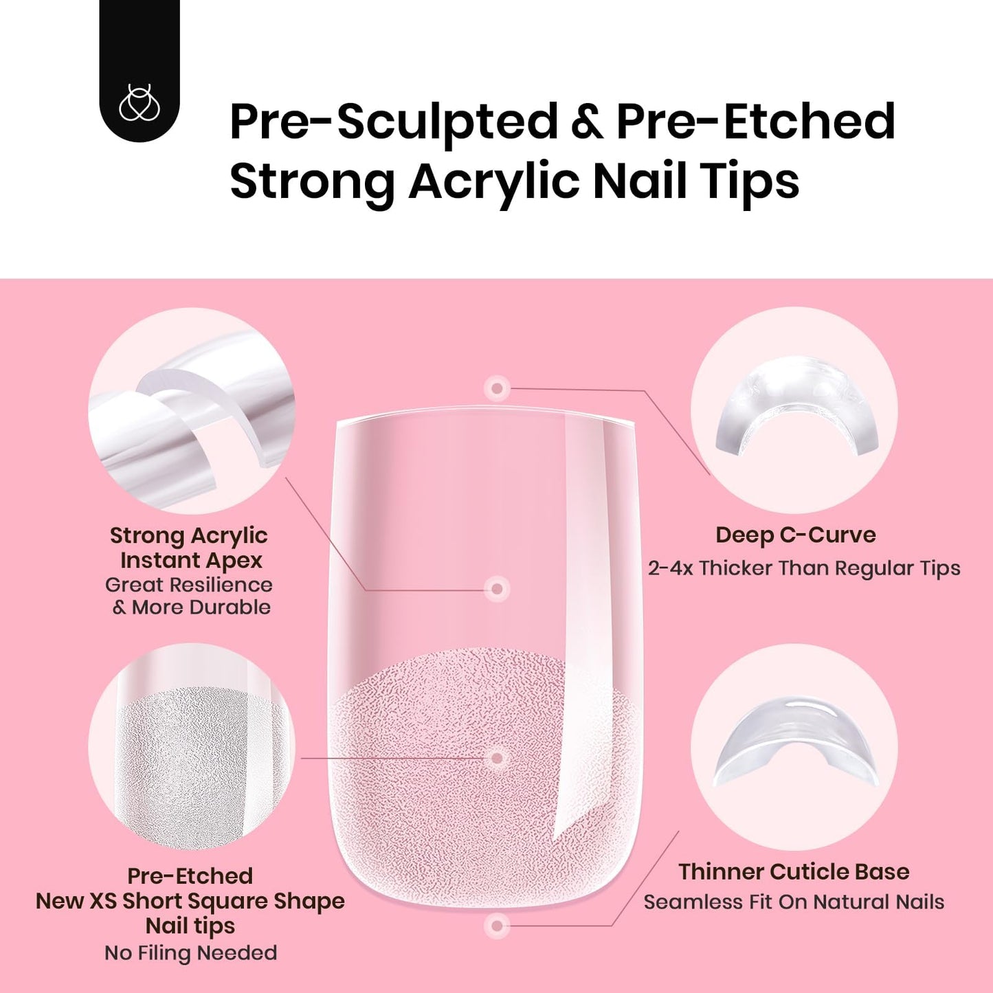 Beetles Tipex Instant Apex Nail Tips-Extra Short Square Pre-Building & Pre-Etched Strong Thick Acrylic,16 Sizes, Press on Nails 512 Pieces