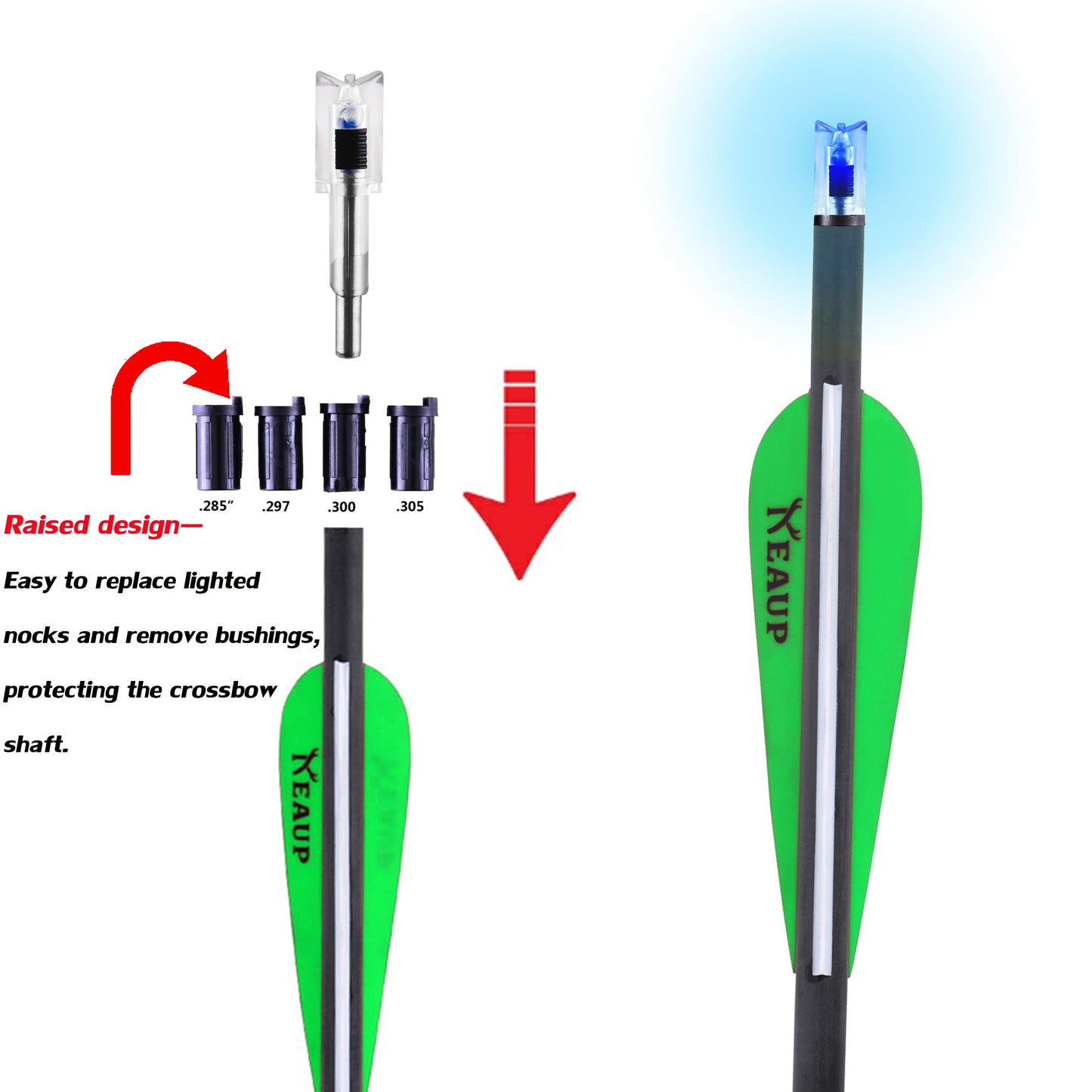 KEAUP 6/3 Pack Lighted Nocks for Crossbow Bolts with .285”/.297”/.300”/.305” Bushings High-Visibility Crossbow Lighted Nocks, On/Off Switch Included