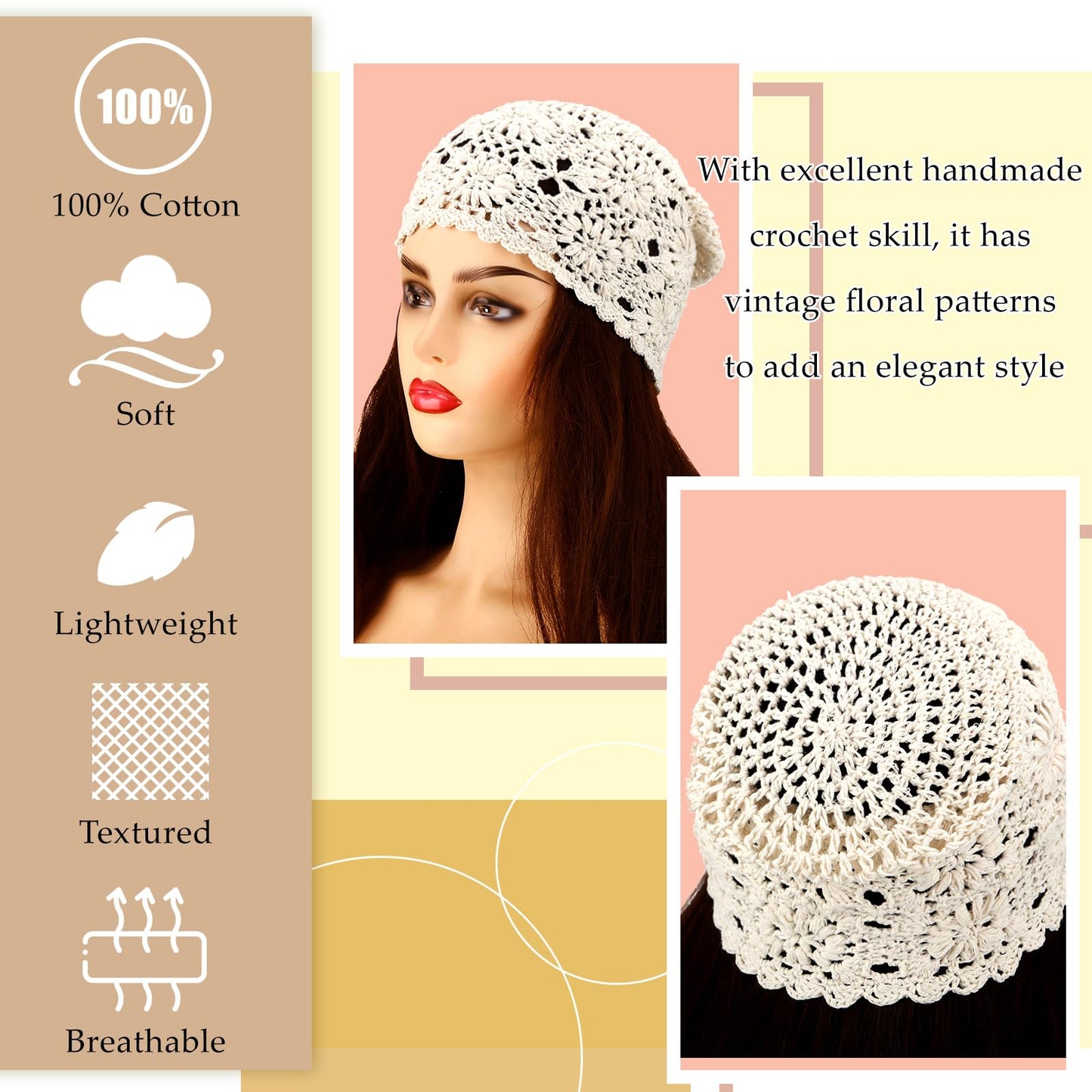 2 Pieces Floral Crochet Slouchy Beanie Hat Handmade Knit Cutout Women Floral Skull Cap Stretchy Knitted Crochet Hat for Women (Beige, Gray)