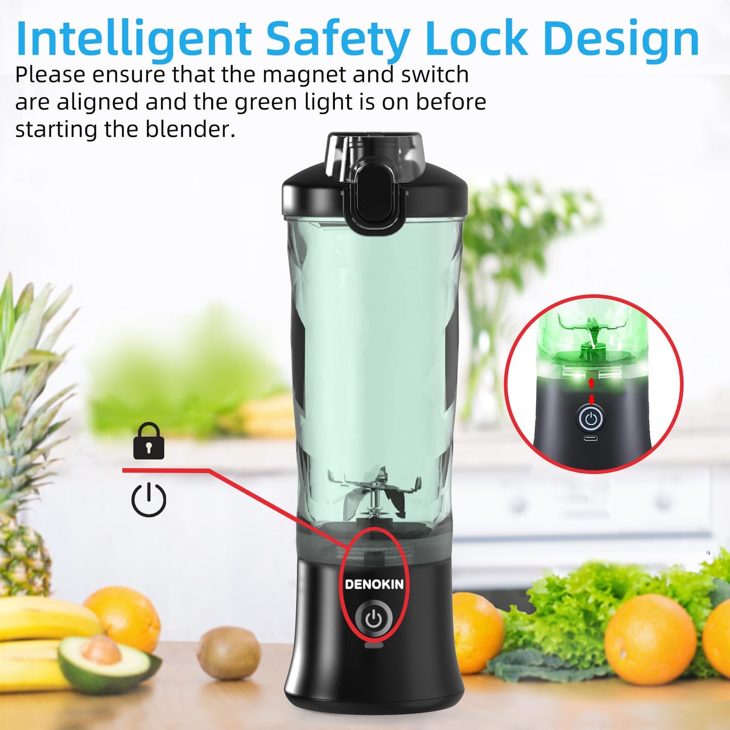 DENOKIN Portable Blender 20oz Vessel, Cordless Personal Size Blender for Shakes and Smoothies with 6 Blade Small Blender for Kitchen, Home, Travel