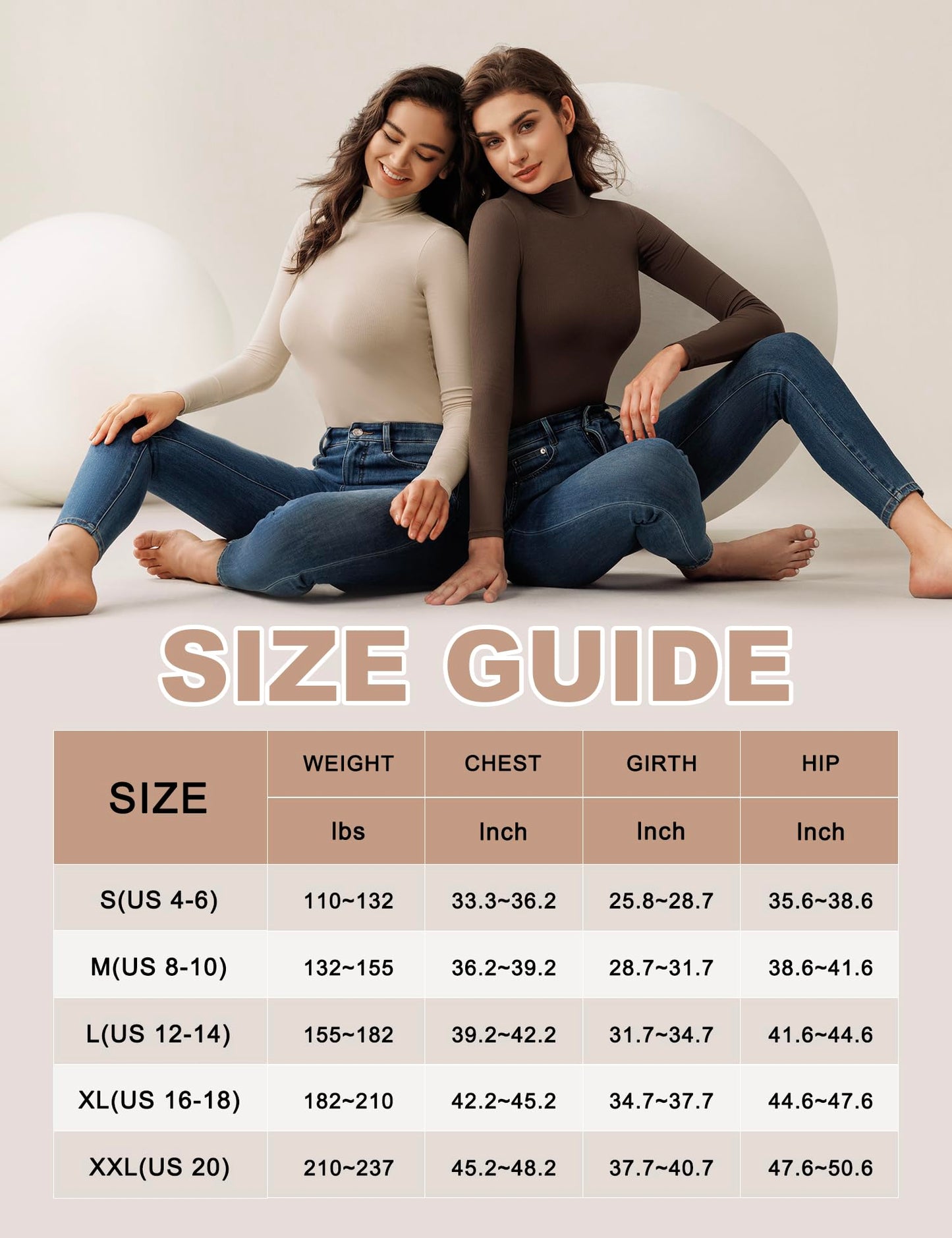 Bonneuitbebe Women's Ribbed Turtleneck 2 Pack Long Sleeve Shirts Basic Fitted Layering Tops Large