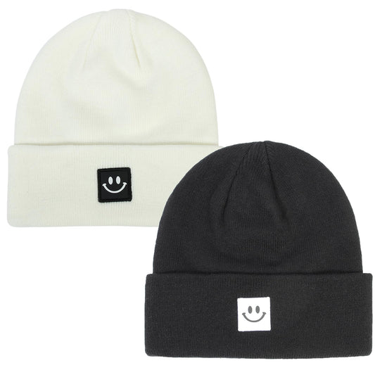 Asufegucd 2Pack Winter Beanie Hats for Couples, Women Men Winter Hats with Smiley Face,Warm Cute Beanies Cap for Cold Weather (US, Alpha, One Size, Black White)