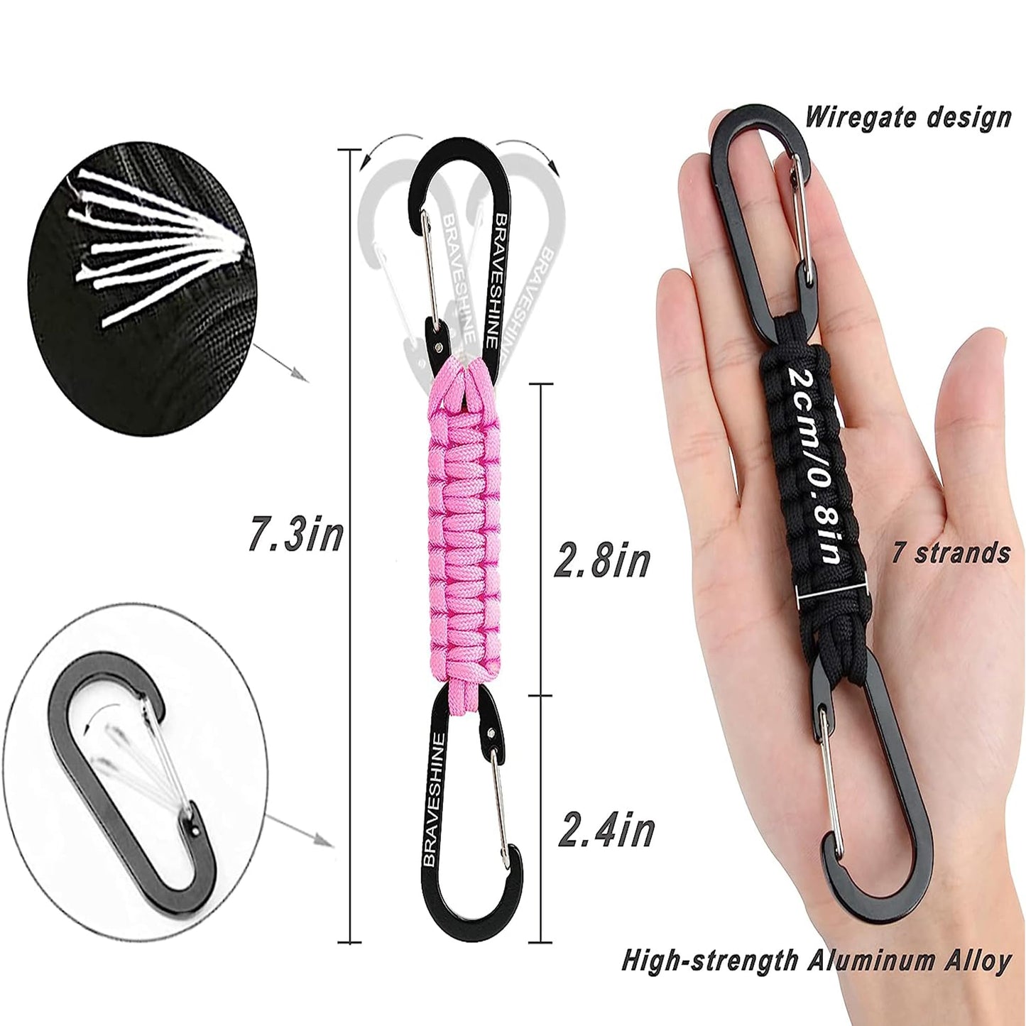 BRAVESHINE 1 Black 1 Pink Paracord Keychain Hooks Carabiner Clips, Lanyard Hanger with D Ring Hooks Heavy-Weight Stroller Hooks Holder for Water Bottle, Key, Backpacks, Tools, Boys, Girls, Men, Women