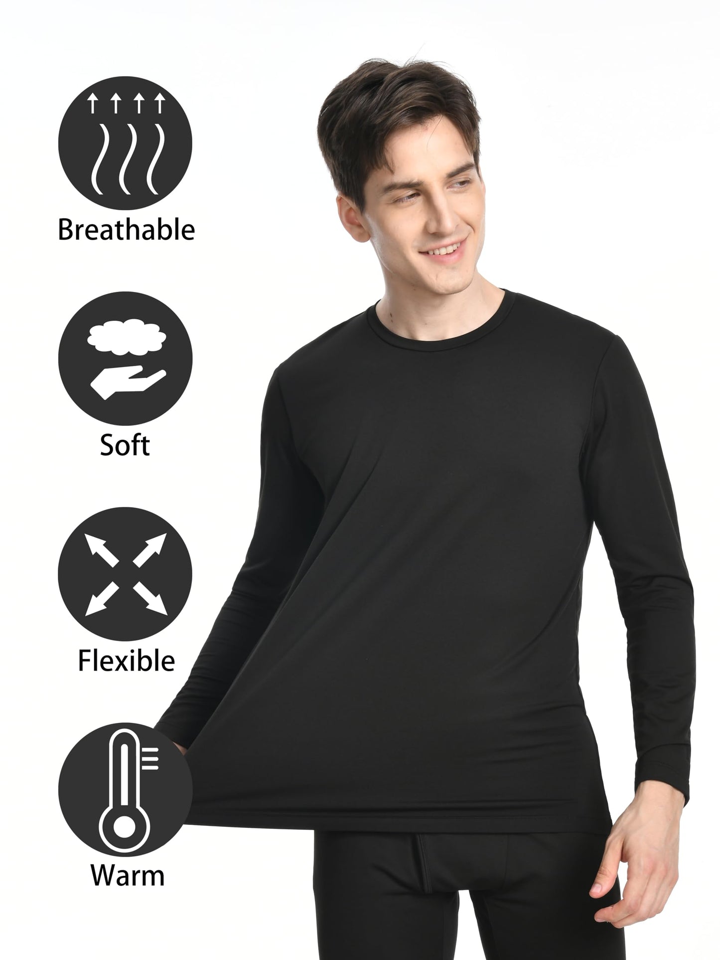 Nutria Mens Thermal Underwear Tops 2 Packs Long Sleeves Thermal Shirts for Men Fleece Lined Undershirt Winter Baselayer Crew Neck Lightweight U07A 2-Pack Black XX-Large