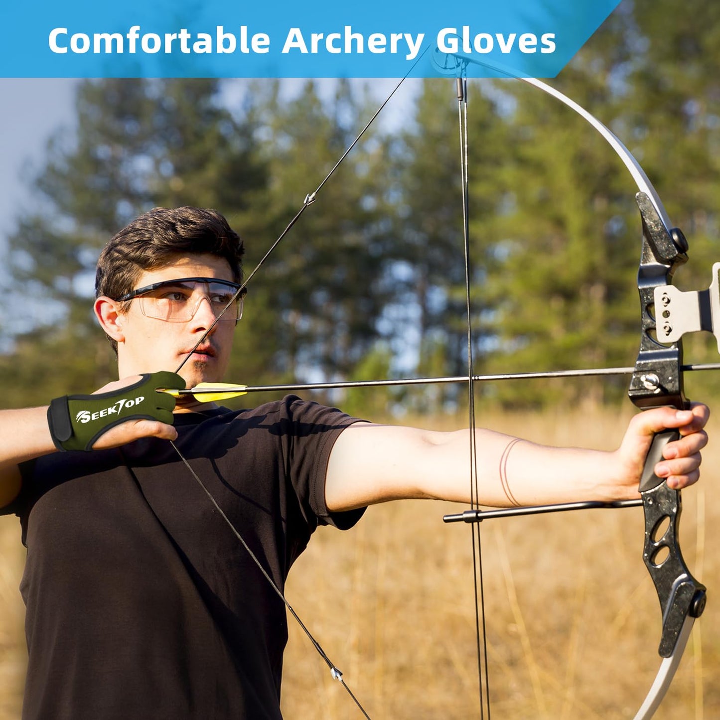 Seektop Archery Gloves Shooting Hunting Leather Three Finger Protector for Youth Adult Beginner (Green, S)