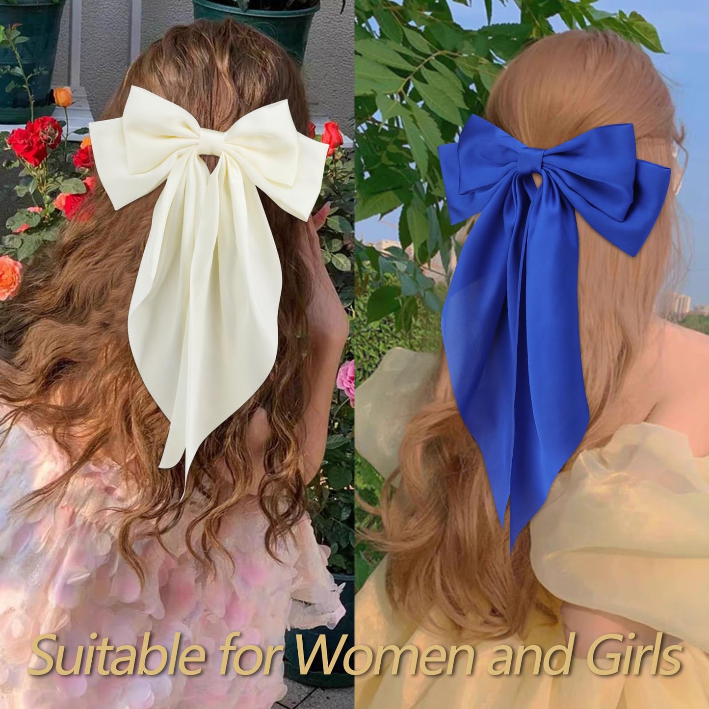 Velscrun Hair Accessories: 3Pcs Silky Satin Oversized Hair Bows and Barrettes in White, Black, and Dark Blue - Large Ribbons with Long Tails for Women and Girls