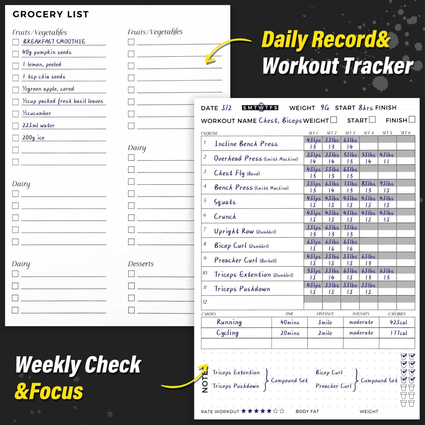 Fitness Journal for Women and Men, 8.8" x 6.6", Workout Log Sprial Book Planner for Tracking Progress and Achieving Your Wellness Goals, Black