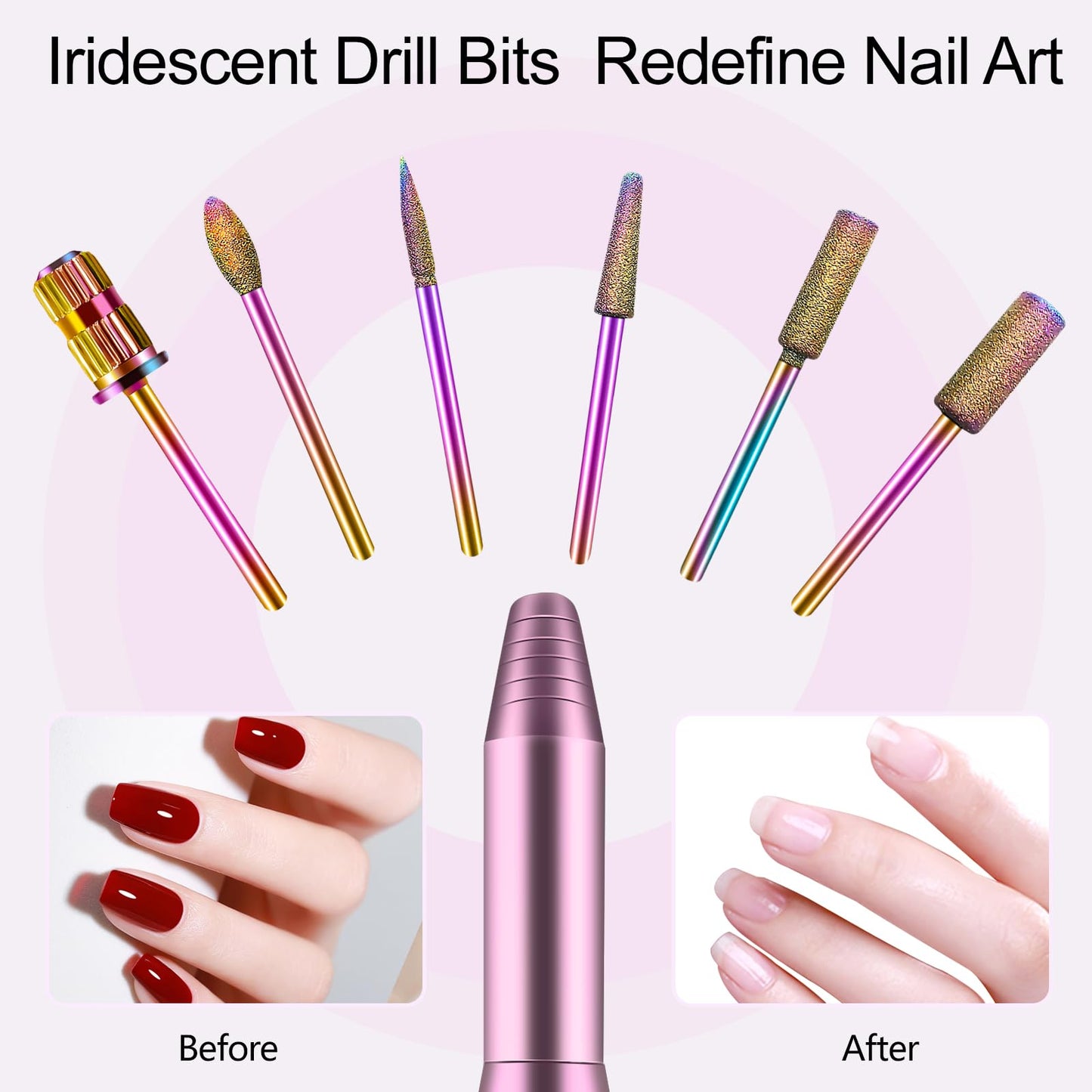 Melodly Electric Nail Drill, Professional Acrylic Nail Drills Machine for Gel, Acrylic Nails, Portable USB Electric Nail File Efile Set with Iridescent Nail Drill Bits, Manicure Pedicure Nail Tools