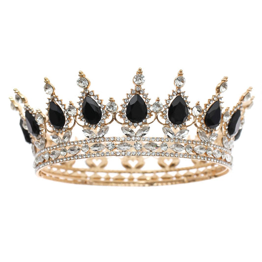 FORSEVEN Queen Crown Rhinestone Wedding Crowns and Tiaras for Women Costume Party Hair Accessories Princess Birthday Crown Crystal Bridal Crown (Gold+Black)