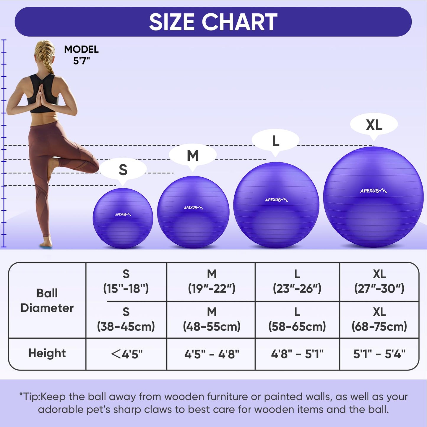 APEXUP Yoga Ball Exercise Ball, Anti Slip Stability Ball Chair, Heavy Duty Large Gym Ball for Fitness, Balance, Core Workout and Physical Therapy (S (15"~18") 45cm, Indigo)