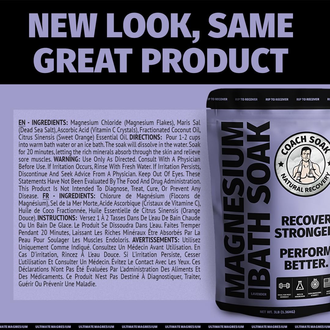 Coach Soak Recovery Bath Soak - Faster Absorption Than Epsom Salt for Pain - Rejuvenating Magnesium Flakes with 21 Minerals, Essential Oils & Bath Salts, 3lbs (Calming Lavender)