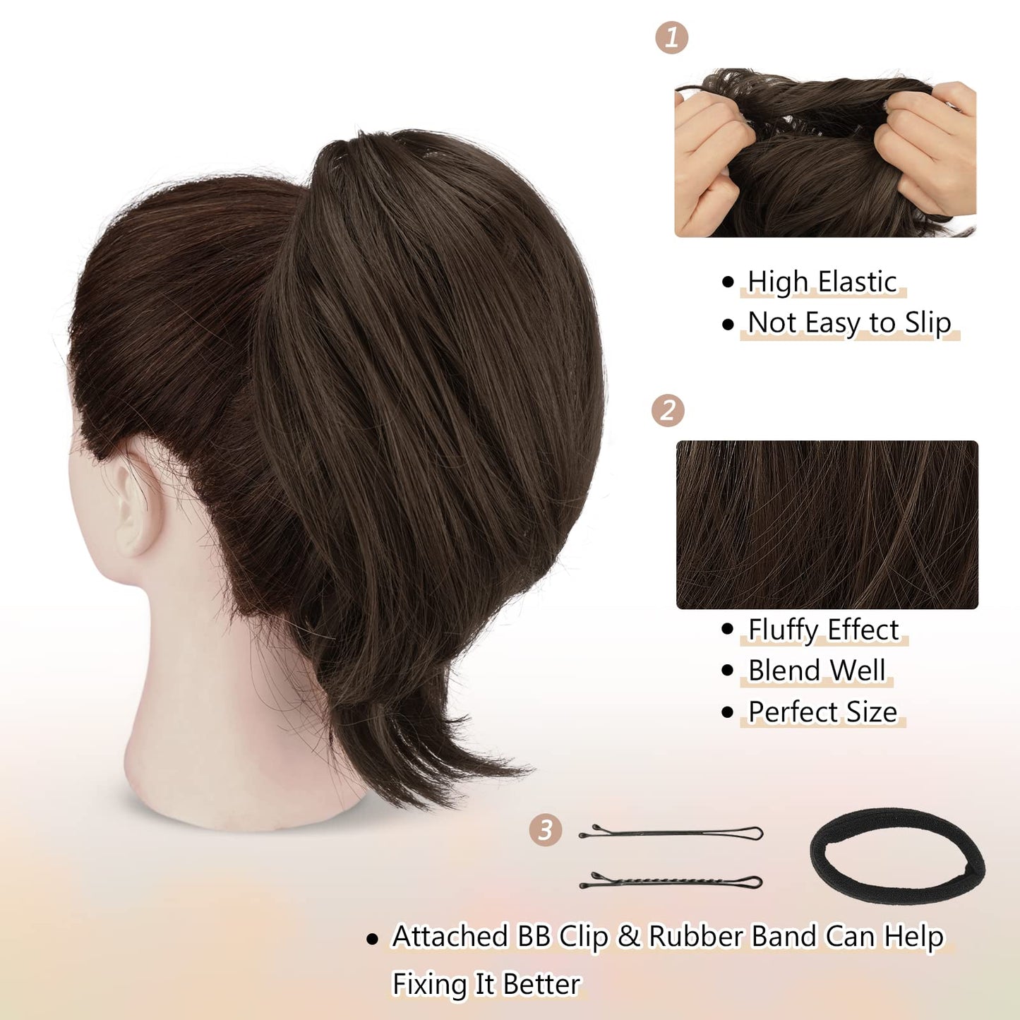 BARSDAR Brown Hair Bun Extensions -Short Straight Ponytail Hair Bun Extensions for Women, Synthetic Messy Hair Bun Extensions Elastic Hair Bun Scrunchies Hairpieces Daily - Dark Brown