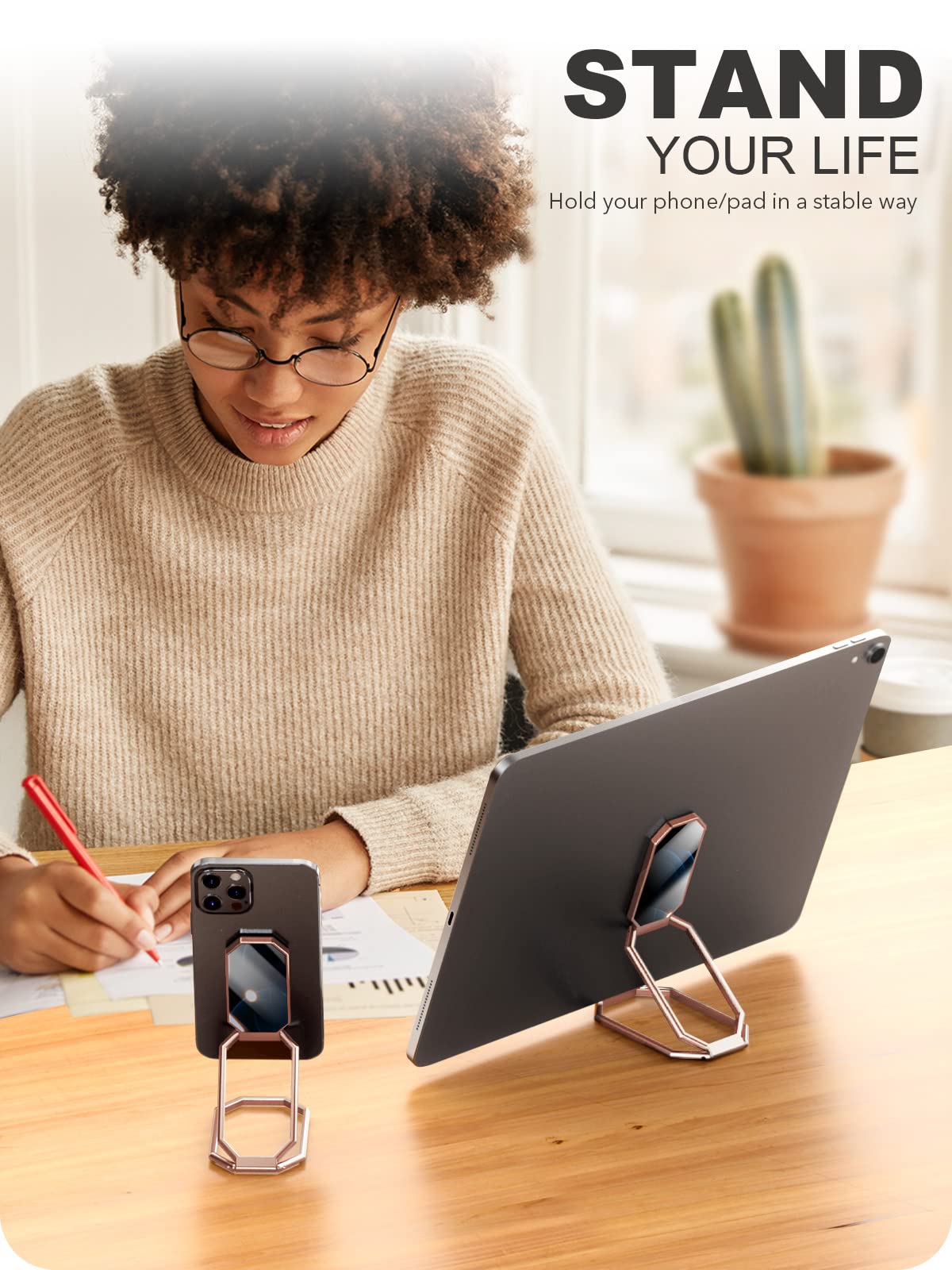 A-LuGei 𝗙𝗼𝗹𝗱𝗮𝗯𝗹𝗲 & 𝗔𝗱𝗷𝘂𝘀𝘁𝗮𝗯𝗹𝗲 Cell Phone Ring Holder Stand, Phone Kickstand for Desk, Cell Phone Holder for Hand, Ring for Back of iPhone, Metal Phone Grip for Magnetic Car Mount