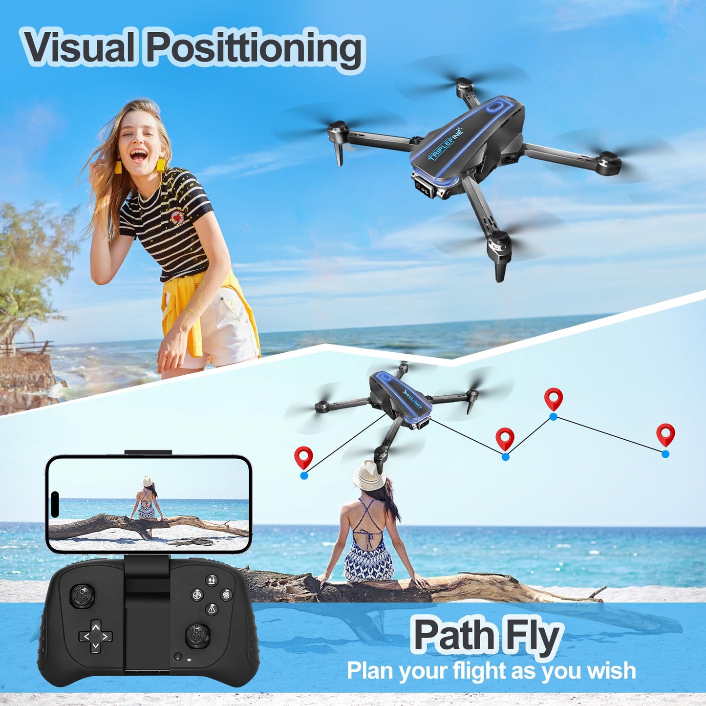 TRIPLEFINE TF770 Drone-with-Camera 1080P, 2 Batteries 25 Mins Flight Time, Kids-Drone Gestures Selfie, Voice Control, One Key Off/Land, 3D Flips, Drones-for-Kids 8-12, Adults, Beginners