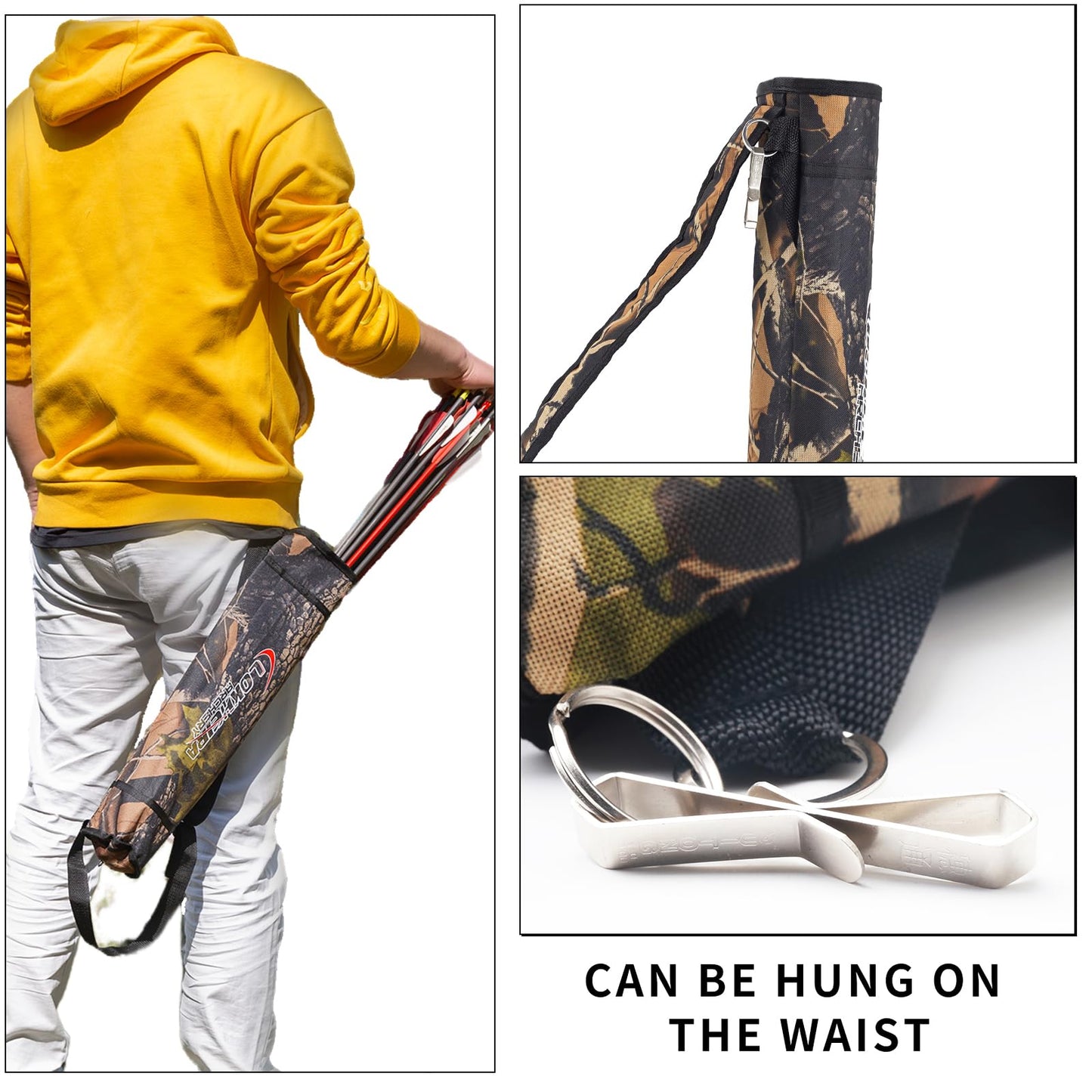 Arrow Quiver, Archery Lightweight Back Arrow Quiver Dual Use Foldable Compact Hip Arrows Bag for Recurve Bow Compound Target Practice Nylon Arrow Bag（Camo）