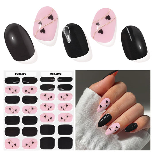 DUKASOU Semi Cured Gel Nail Strips, Black Heart | 28 pcs Gel Nail Strips Work with Any UV Lamp, Salon Quality Nail Stickers, Include Prep Pads, Nail File&Wood Stick