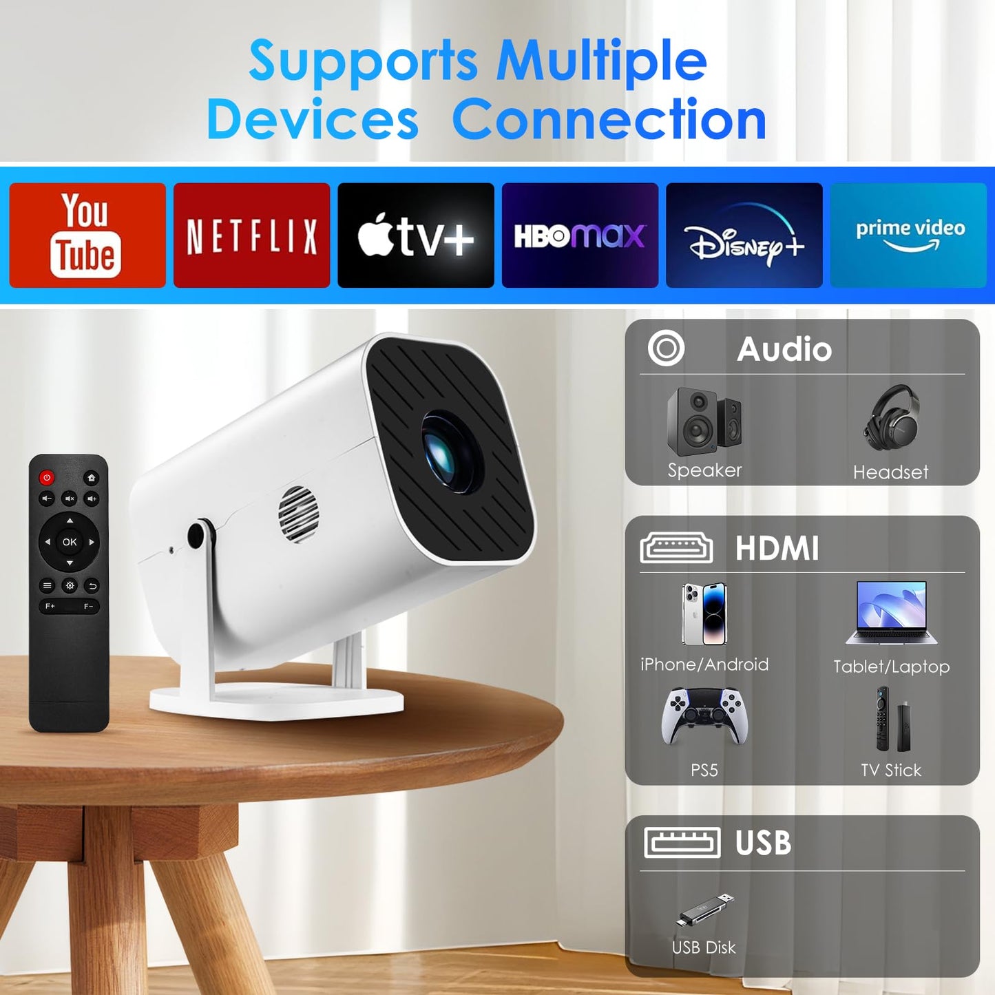[180°Adjustable Stand] [Electric Focus] [Built-in Speaker] Mini Projector With Bluetooth,Projector for Bedroom, Native 1080P, Compatible 4K, Compatible with Android/iOS/TV Stick/PS5/Laptop/HDMI/USB