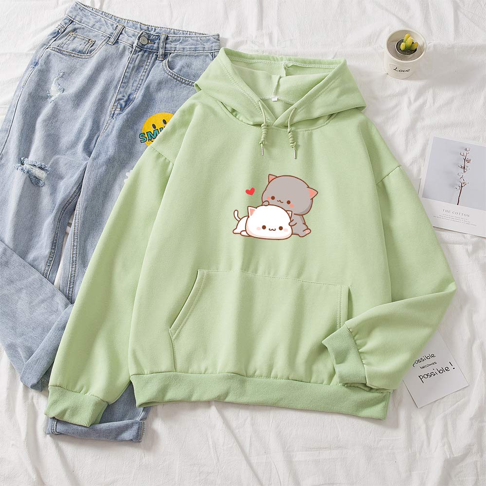KEEVICI Women Kawaii Cartoon Cute Cat Graphic Casual Cotton Pullover Hoodies Sweatshirt Green