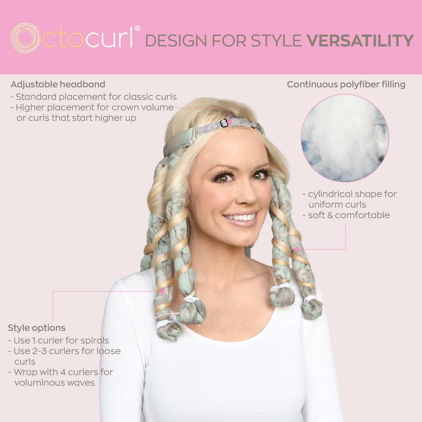 Octocurl Heatless Curls Headband - Hair Curlers to Sleep In - Heatless Curlers for Short Hair (Cotton - Camo)