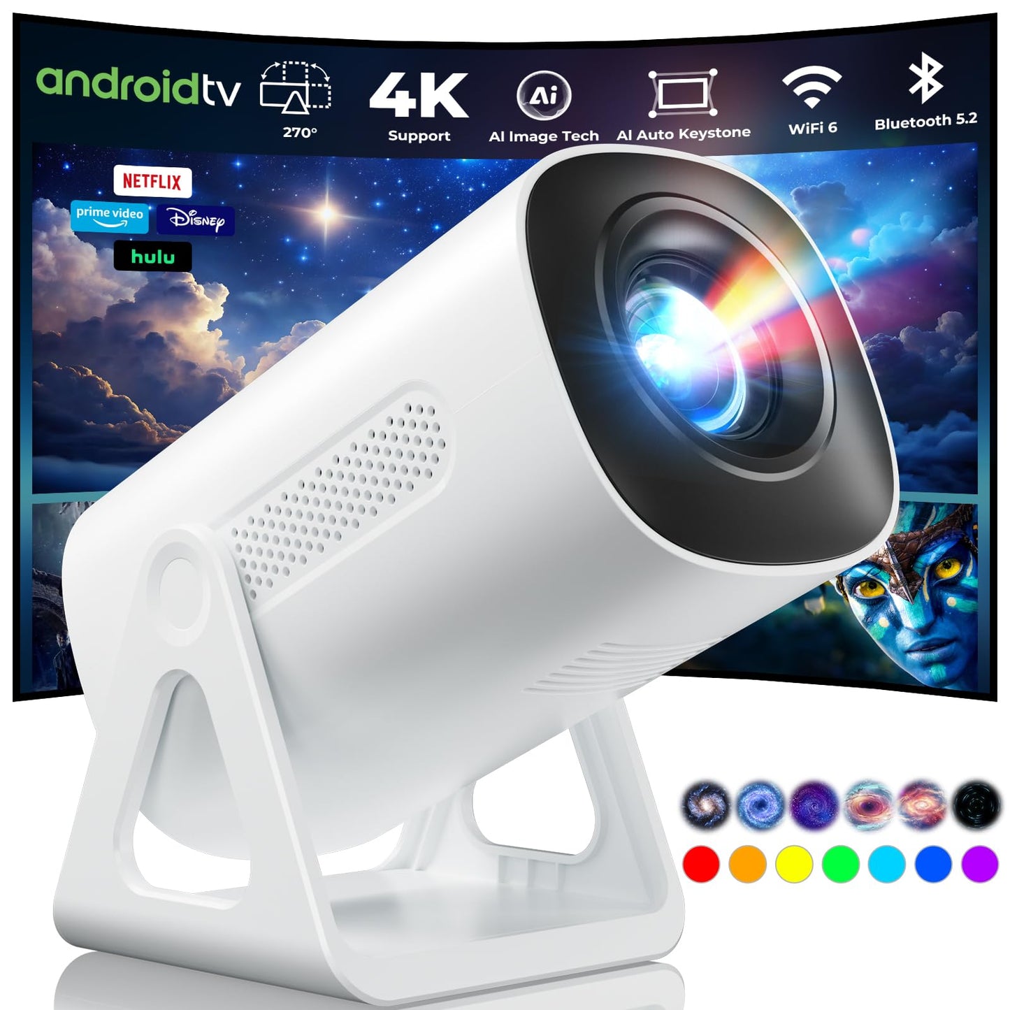 TransarJect Portable WiFi and Bluetooth Projector - 4K 1080P Supported Mini Movie Projector, 270°Adjustable Stand Outdoor Home Theater Star Projector with Ambient Light for Phone TV Stick Laptop