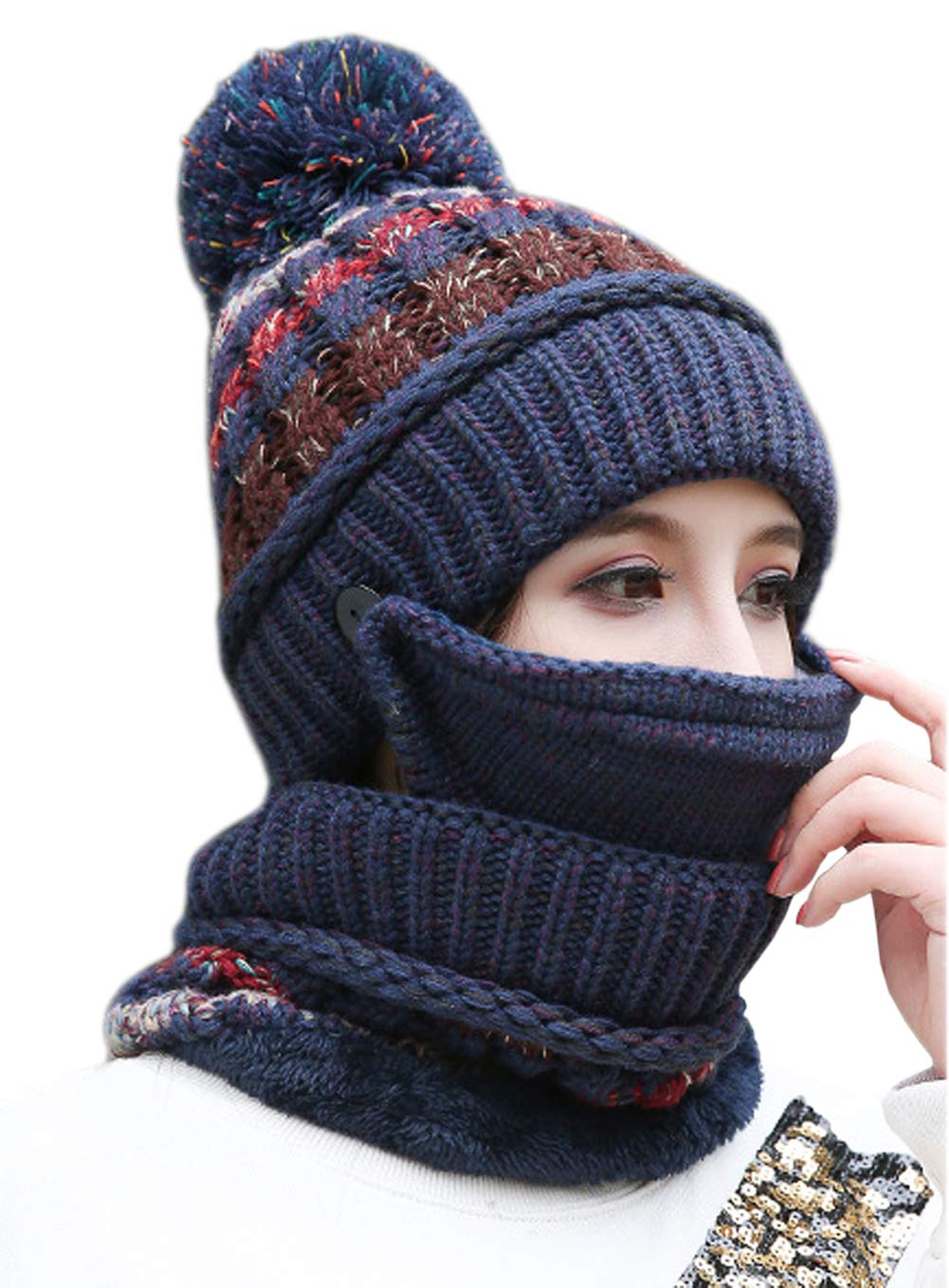 3 in 1 Winter Knitted Beanie Hat Scarf Mouth Face Warmer Set for Women Girls, Thermal Fleece Lined Ski Caps with Pompom Neck Warmer (Fashion Navy Blue)