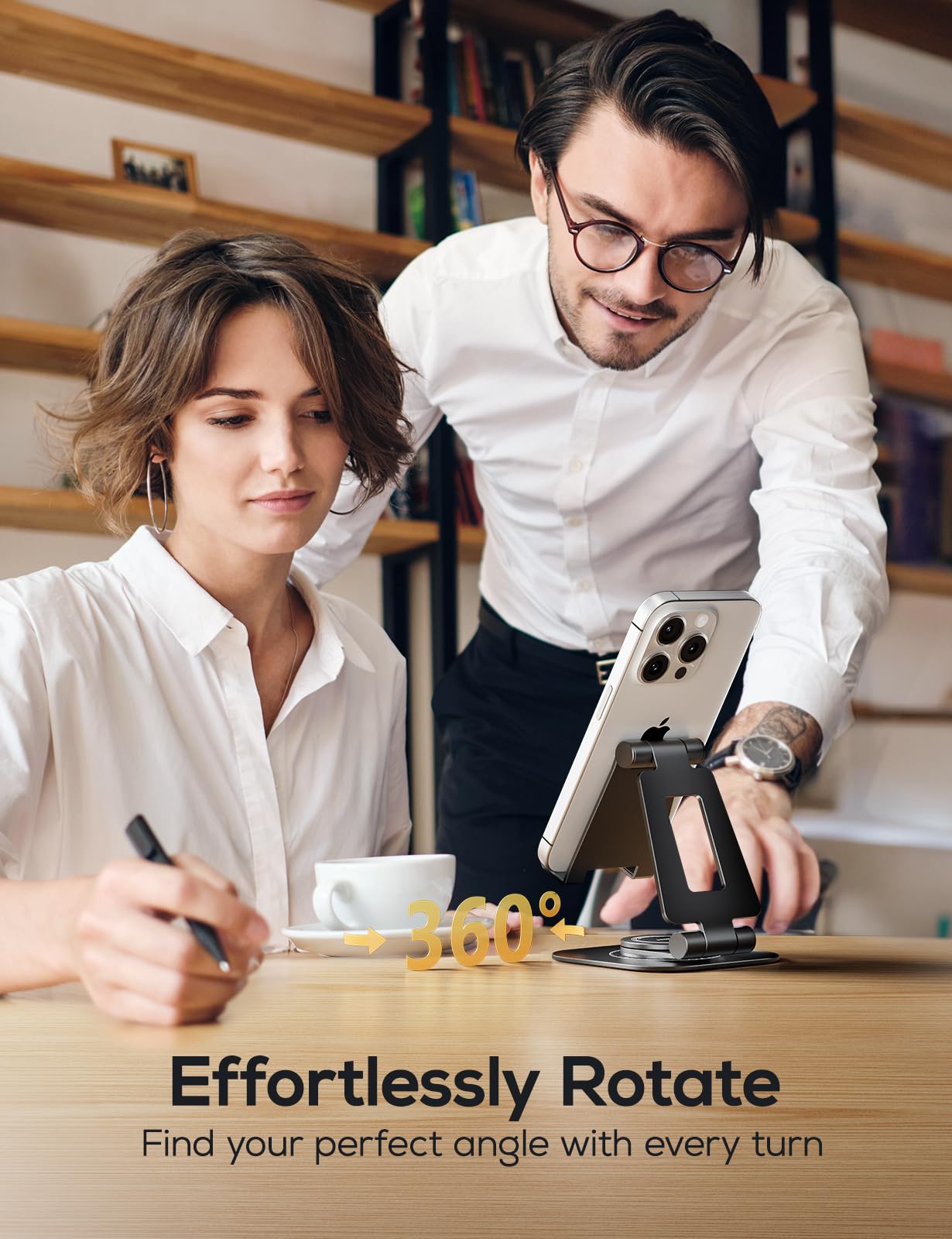 Nulaxy 360 Rotating Cell Phone Stand, Fully Adjustable Foldable Desktop Phone Holder Cradle Dock, Thick Case Friendly, Compatible with All Phones, Nintendo Switch, Black