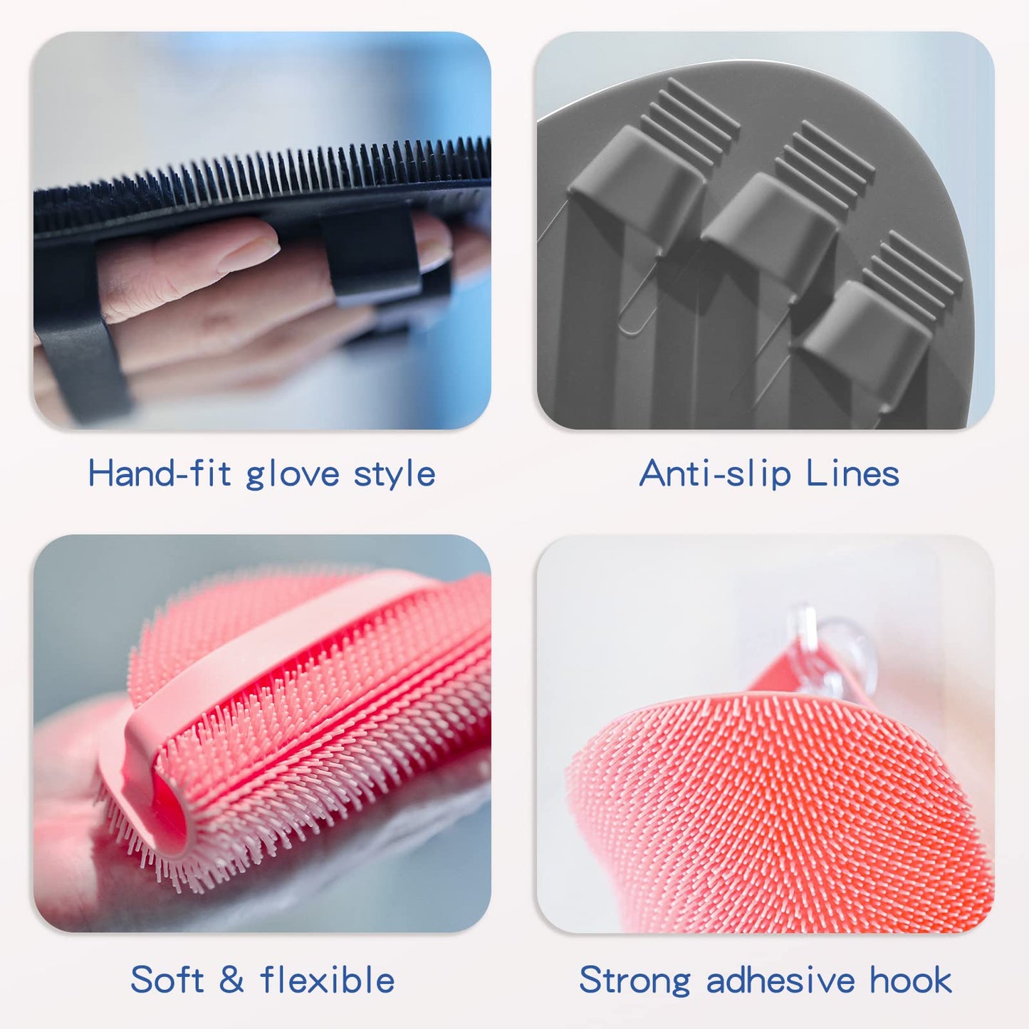 Manmihealth Silicone Back Scrubber(Thick Bristles) & Soft Bath Glove Set, Super-Exfoliating Body Scrubber & Super-Lathering Shower Brush Combination, with a Free Hook.(Gray)