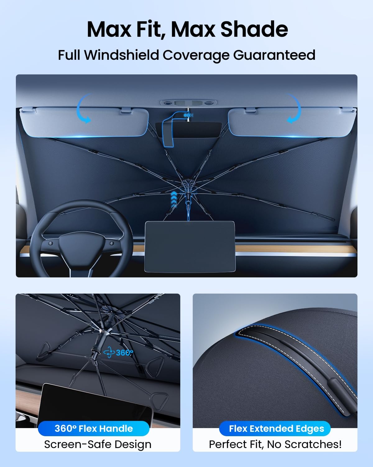 REEVAA 2025 Upgraded Car Windshield Sun Shade Umbrella [100% Sun Protection & Keep Cool] Protect Interior, 360° Flex Handle Sun Shield Sunshade, Medium (57''x32'') for Most SUV/Truck