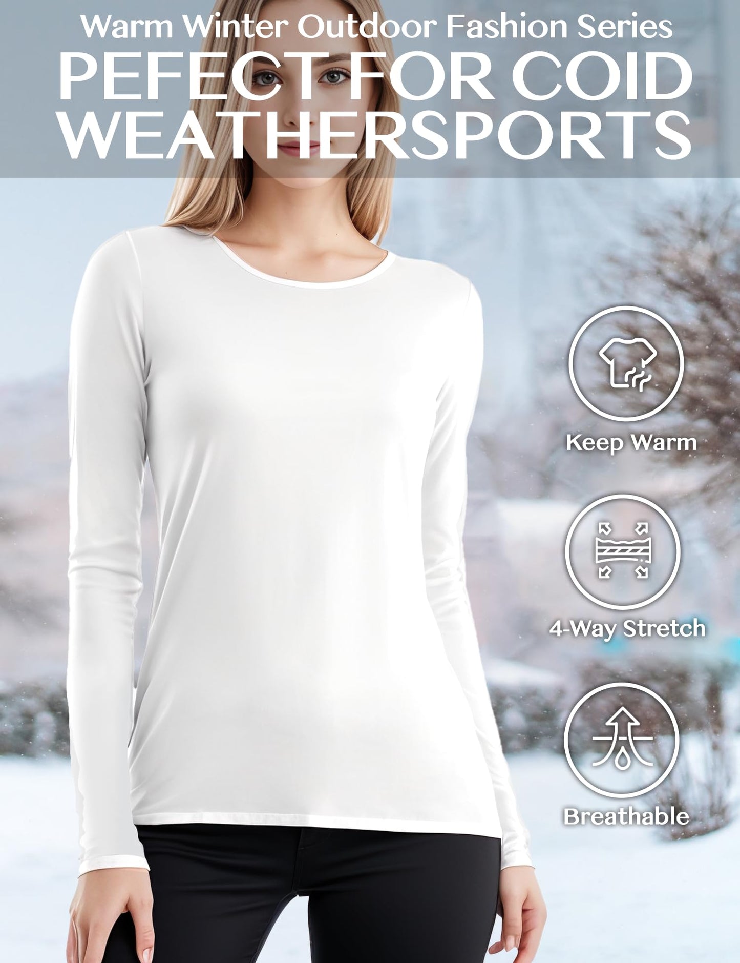 YOGINGO Women's Long Sleeve Thermal Underwear Lightweight Compression Base Layer Warm Shirt 2023 Stretchy Durable Women Fashion Clothing Fall Winter Fashion Premium Comfort XS-2XL Winter Tops White