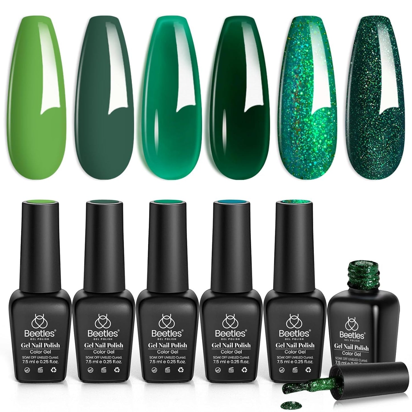 Beetles Carnival Evergreen Green Gel Nail Polish Set 6 Pcs Glitter Sparkle Green Gel Polish Kit Soak Off UV Nail Lamp Spring Summer Nail Art Design Gifts for Girls