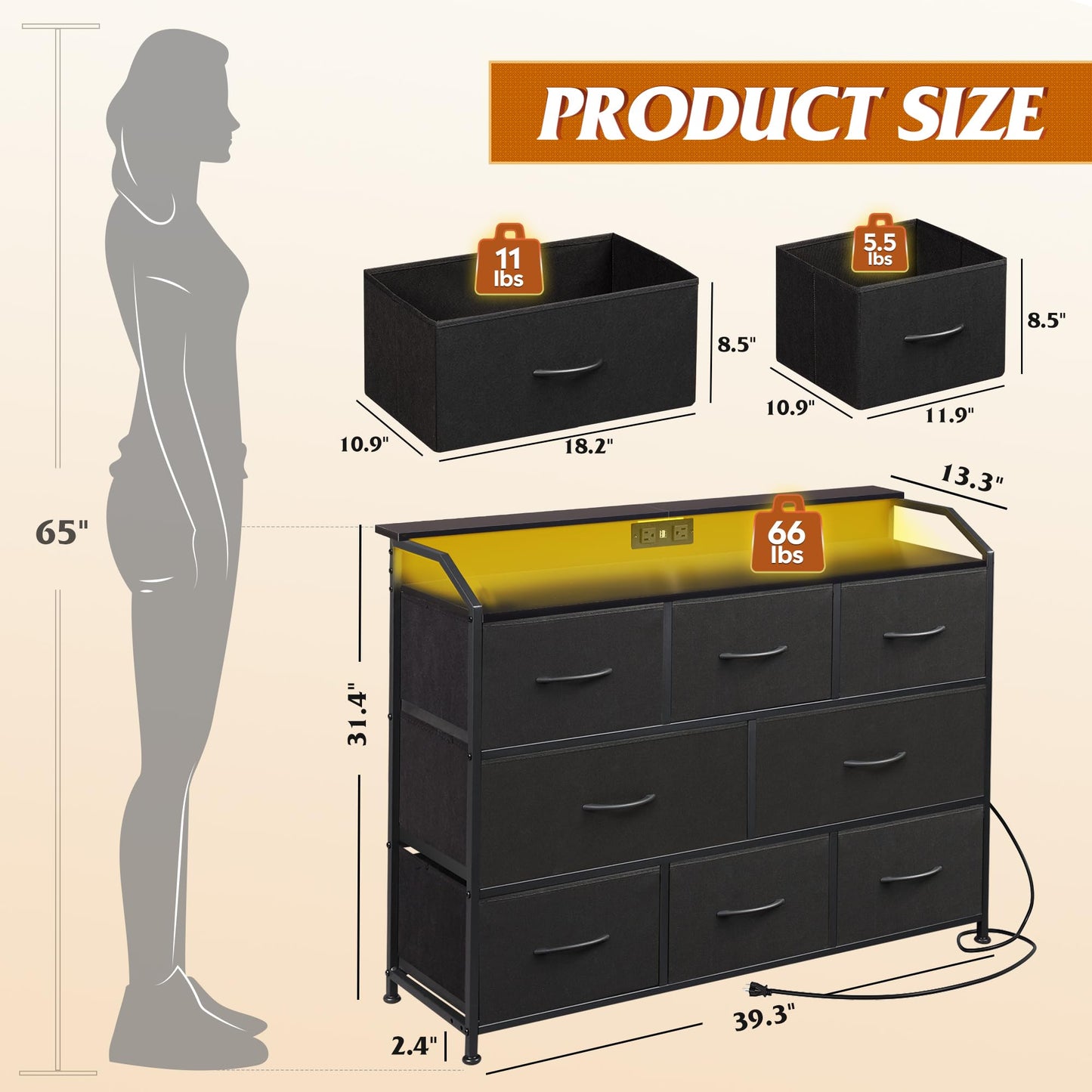 WLIVE Led Dresser for Bedroom, Black Dresser TV Stand for Bedroom with LED Lights and Power Outlet, Wide Chest of Drawers for Hallway, 8 Fabric Drawers for Living Room and Entryway, Easy to Assemble