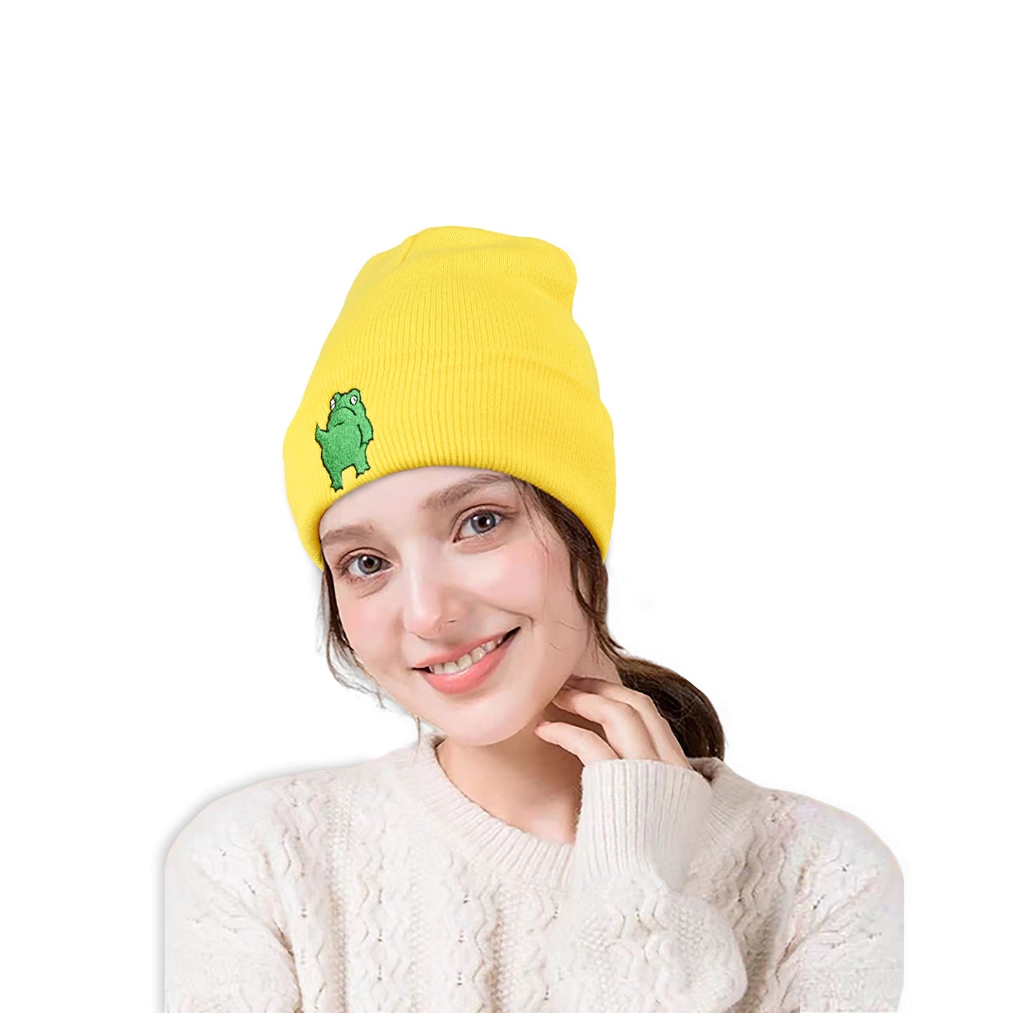 Ulikuwa Knit Cuffed Beanie Hat for Men Women, Funny Embroidered Unhappy Frog Acrylic Soft Warm Winter Hats, Yellow