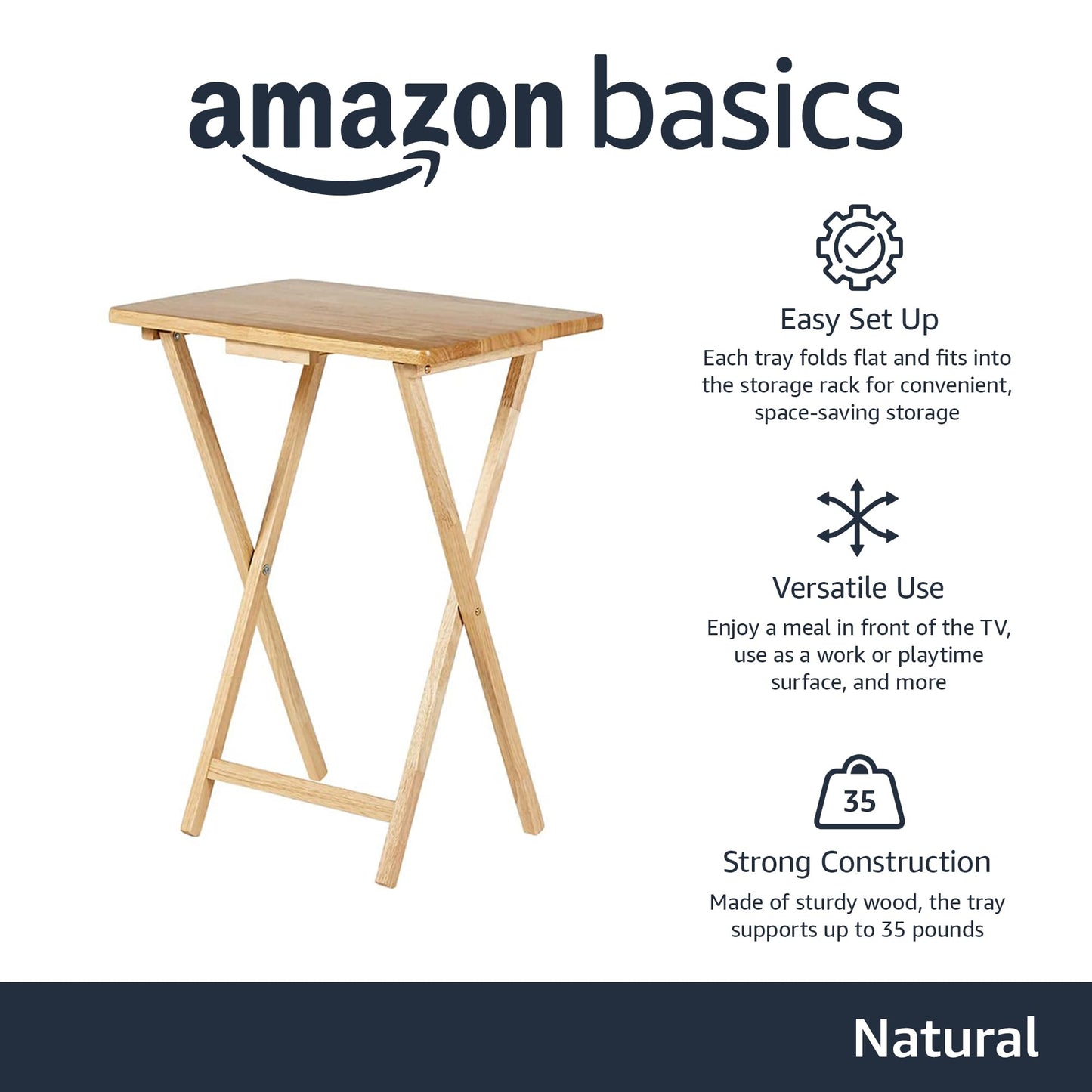 Amazon Basics Classic Foldable TV Dinner Tray Table with Storage Rack, 14.6 L x 19 W x 26 H inch, Natutral, 4-Pack