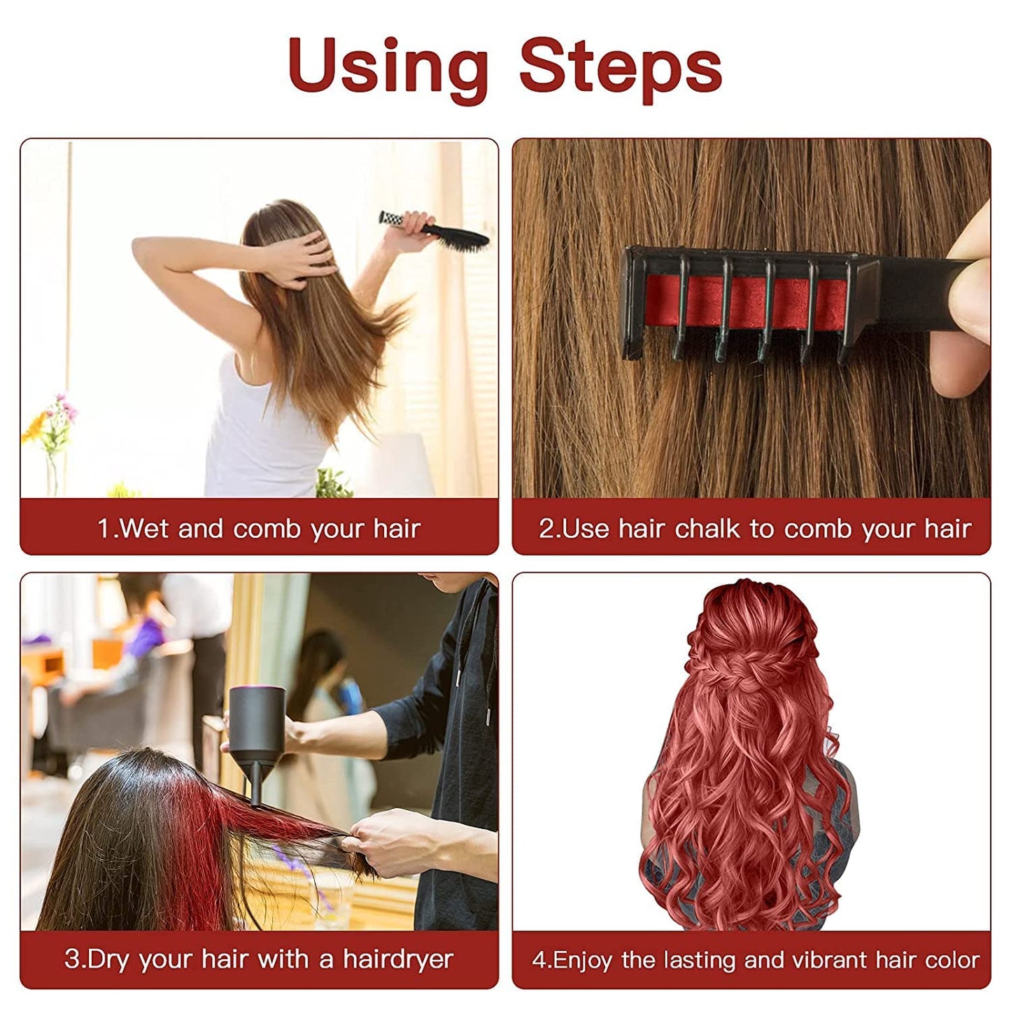 New Hair Chalk Comb Temporary Bright Hair Color Dye for Girls Kids, Washable Hair Chalk for Girls Age 4 5 6 7 8 9 10 New Year Birthday Cosplay DIY Halloween, Christmas (Red & Blue)