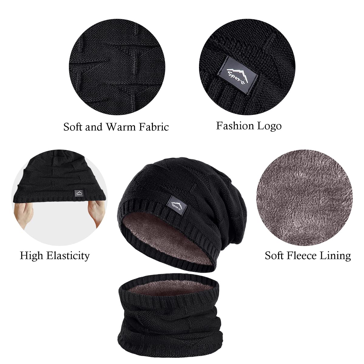 Winter Beanie Hat Scarf Touchscreen Glove Set for Men Women,Slouchy Knit Ski Cap Neck Warmer with Fleece Lined for Unisex (Black Beanie Scarf and polyester and spandex Black Glove)