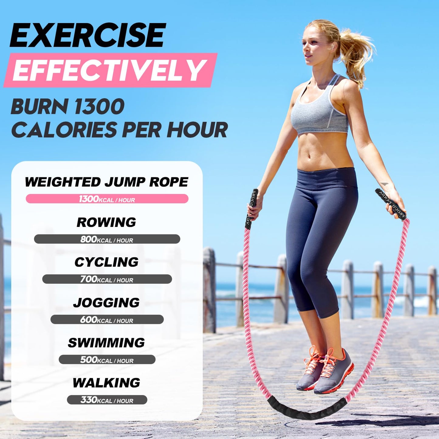 Weighted Jump Ropes for Fitness,Heavy Adult Skipping Rope Exercise Battle Ropes for Men & Women,Total Body Workouts, Power Training in Gym to Improve Strength and Building Muscle(PINK 1.5LB-9.8ft)