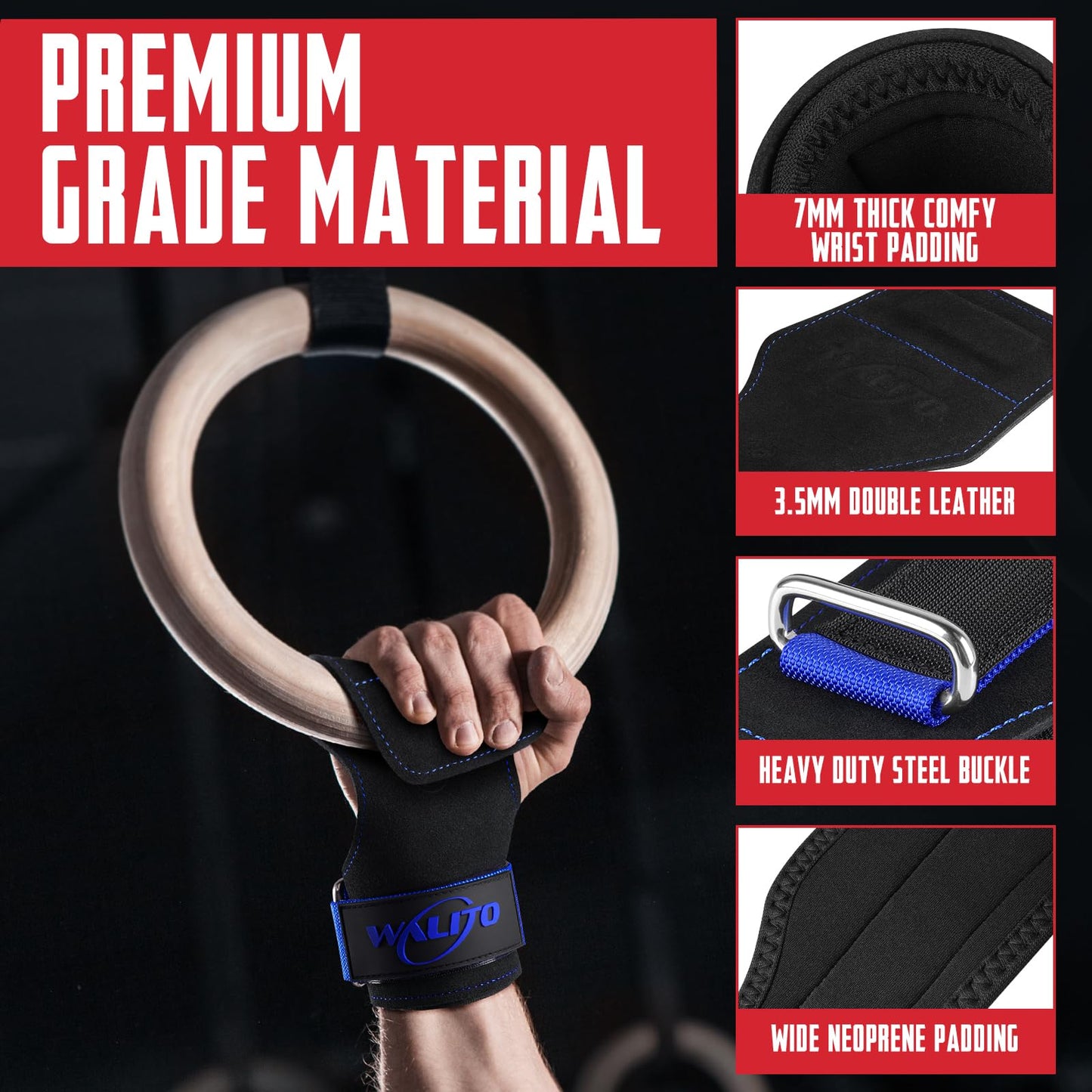 Walito Wrist Straps for Weightlifting - Double Layer Leather Lifting Straps for Gym Deadlift and Powerlifting, with Adjustable Neoprene Padded Wrist Wraps for Men/Women Weight Lifting