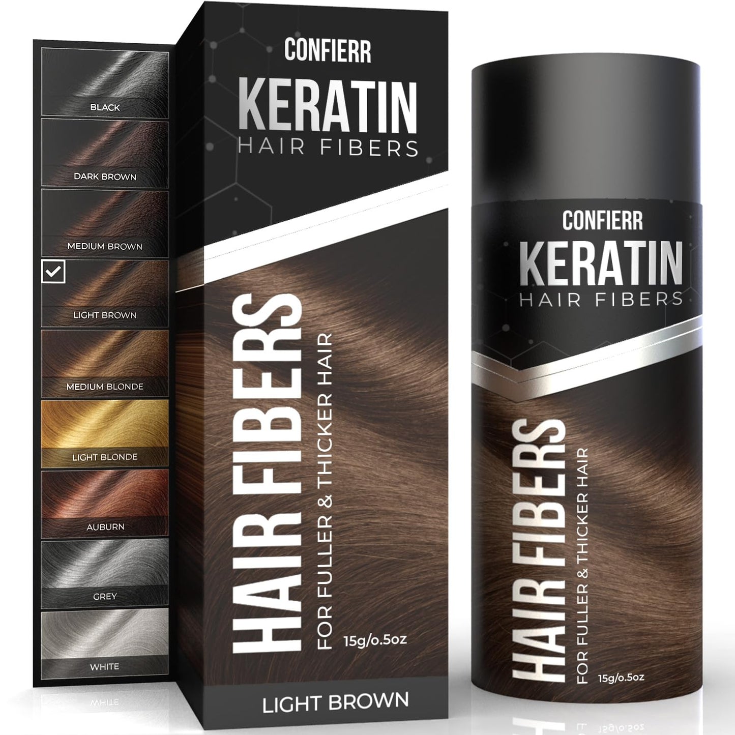 CONFIERR Keratin Hair Fibers for Men & Women - Fill In Fine or Thinning Hair, Instantly Thicker, Fuller Looking Hair (Light Brown 15g)
